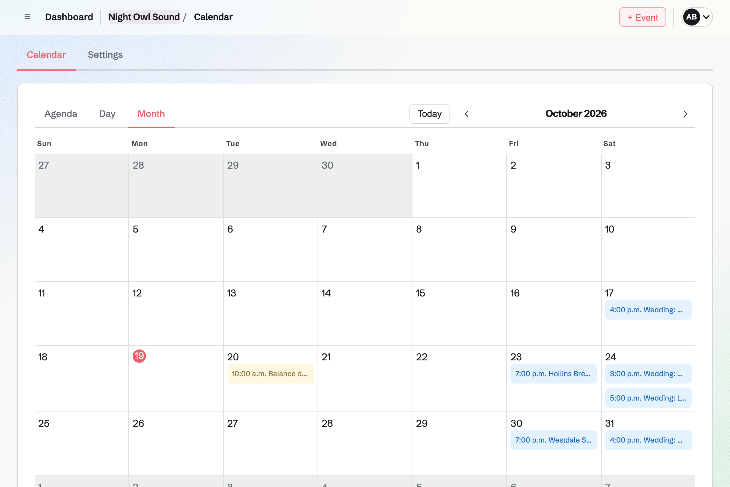 Night Owl Sound’s team calendar for the month: weddings, a corporate party and school dances, each with its venue, booked by the company’s DJs.