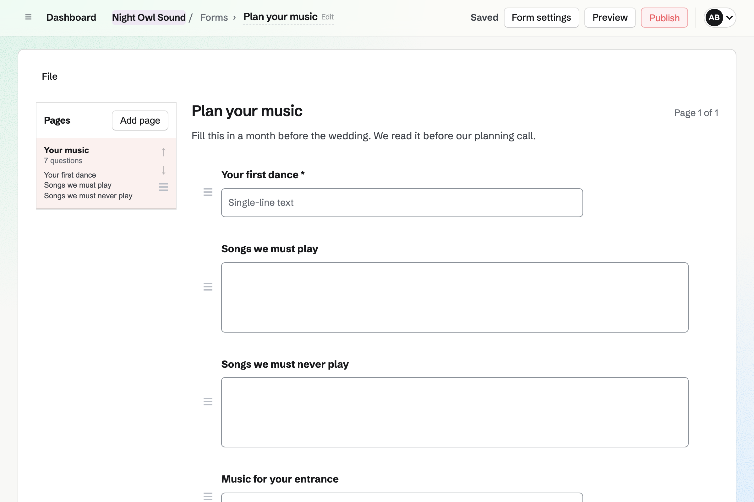 Night Owl Sound’s music planning Form in the Form builder: the first dance, the must-play songs, the do-not-play list and the music for the entrance.