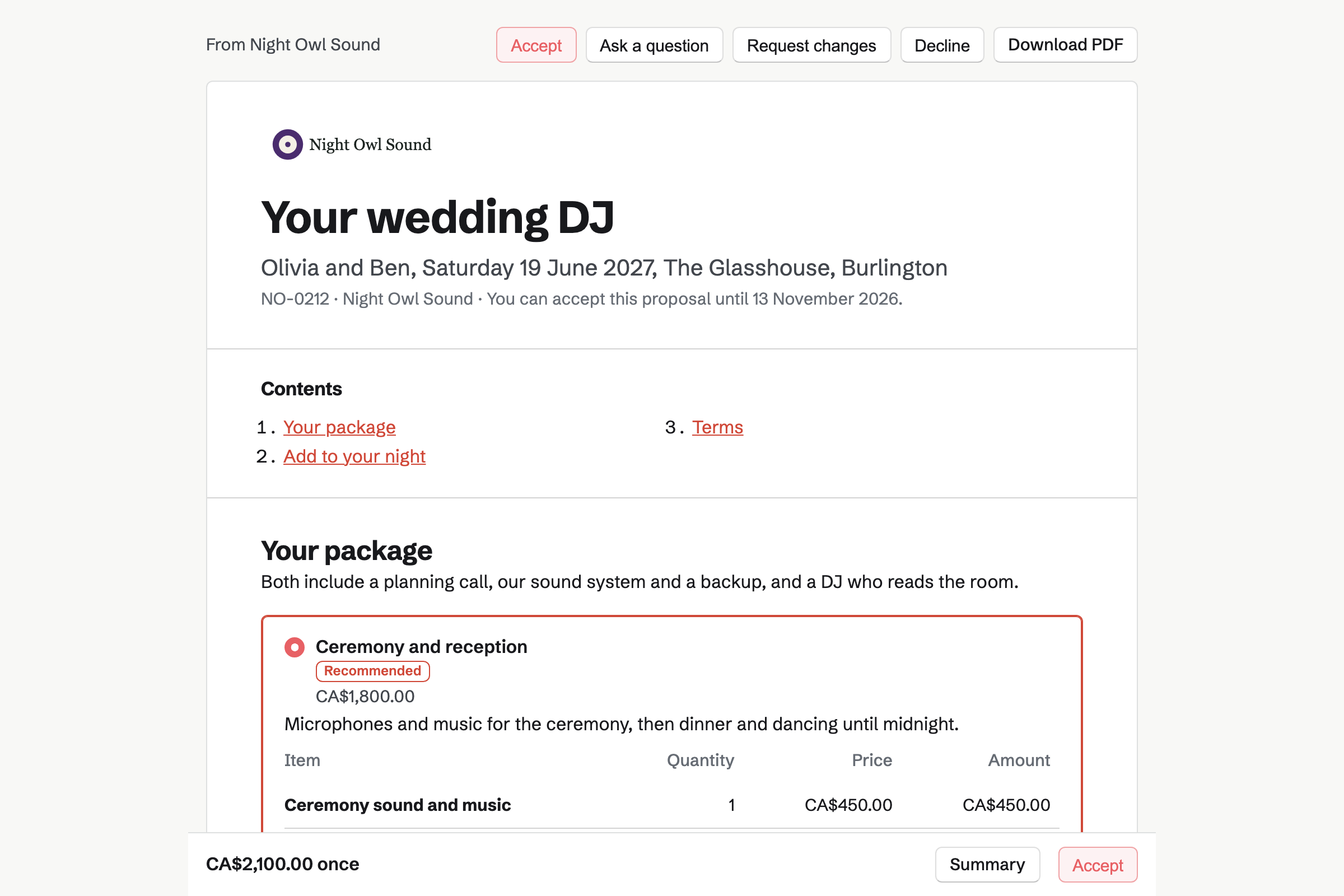 A wedding DJ proposal from Night Owl Sound for Olivia Grant and Ben Hart, with the cover, the list of contents, the ceremony and reception package chosen and the total in a bar at the foot of the screen.
