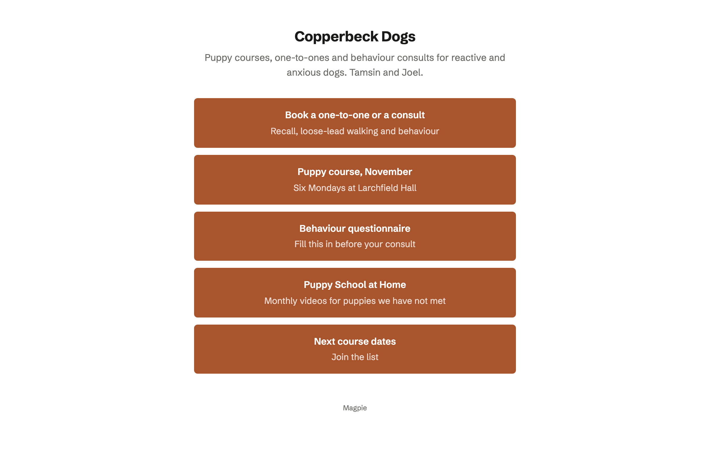Copperbeck Dogs’ link page: links to book a one-to-one or a consult, the November puppy course, the behaviour questionnaire, an online puppy programme and the list for next course dates.