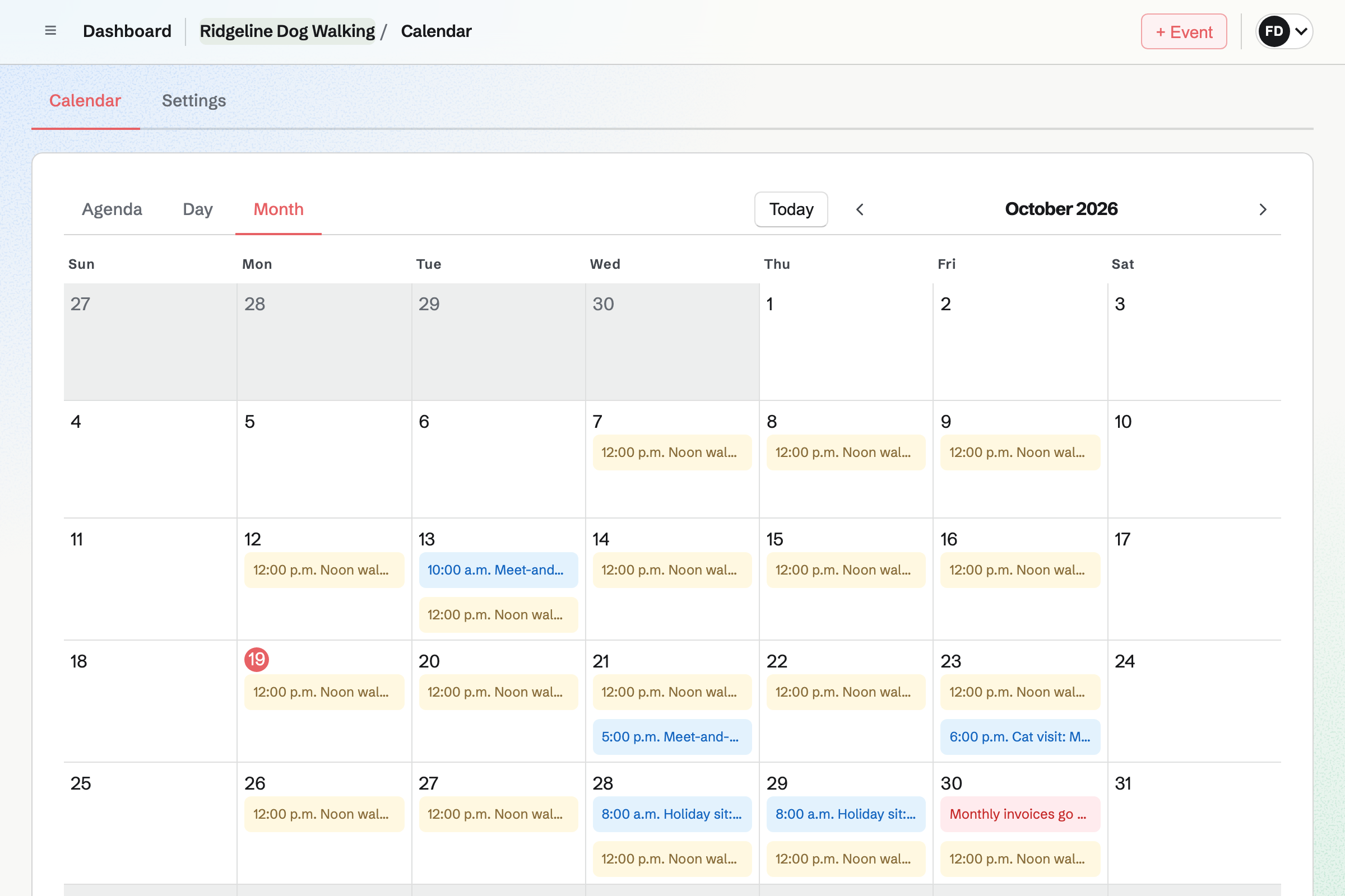 Ridgeline Dog Walking’s calendar for the month: a noon walk every weekday, meet-and-greets, a cat visit and a holiday sit.