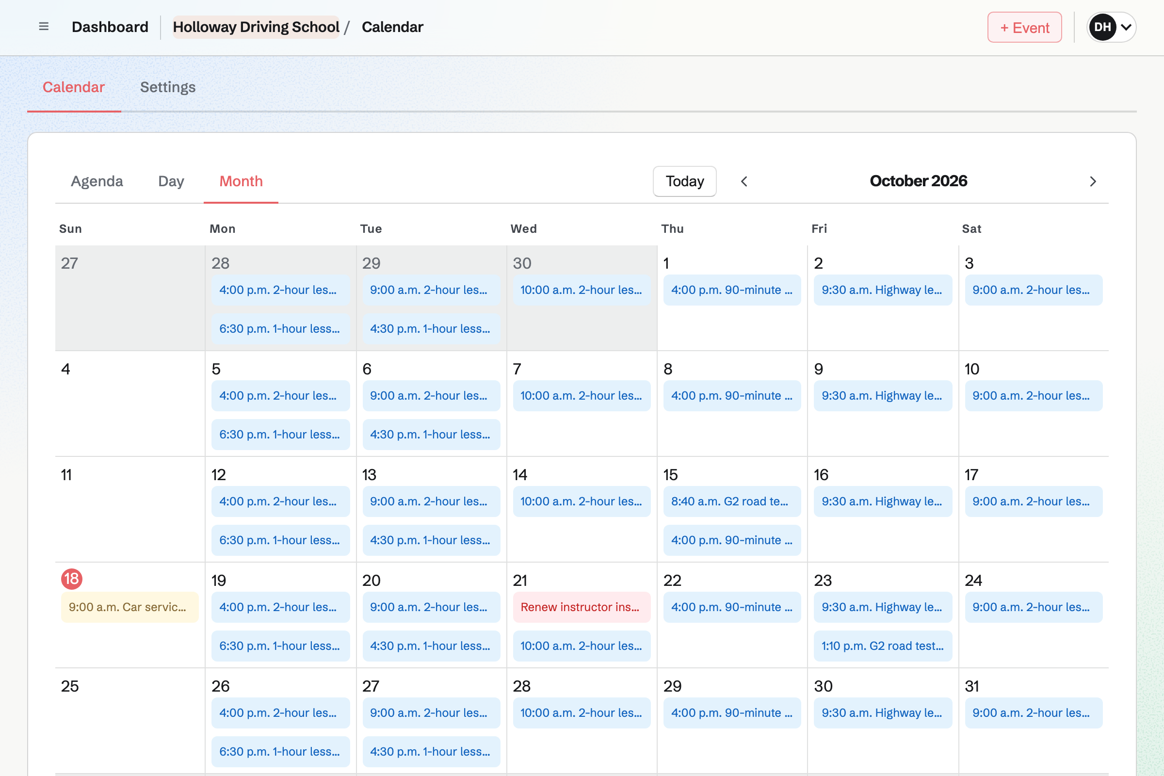 Holloway Driving School’s Calendar for the month: lessons each named after the lesson and the learner, two learners’ road tests, the car’s service and the date the insurance renews.