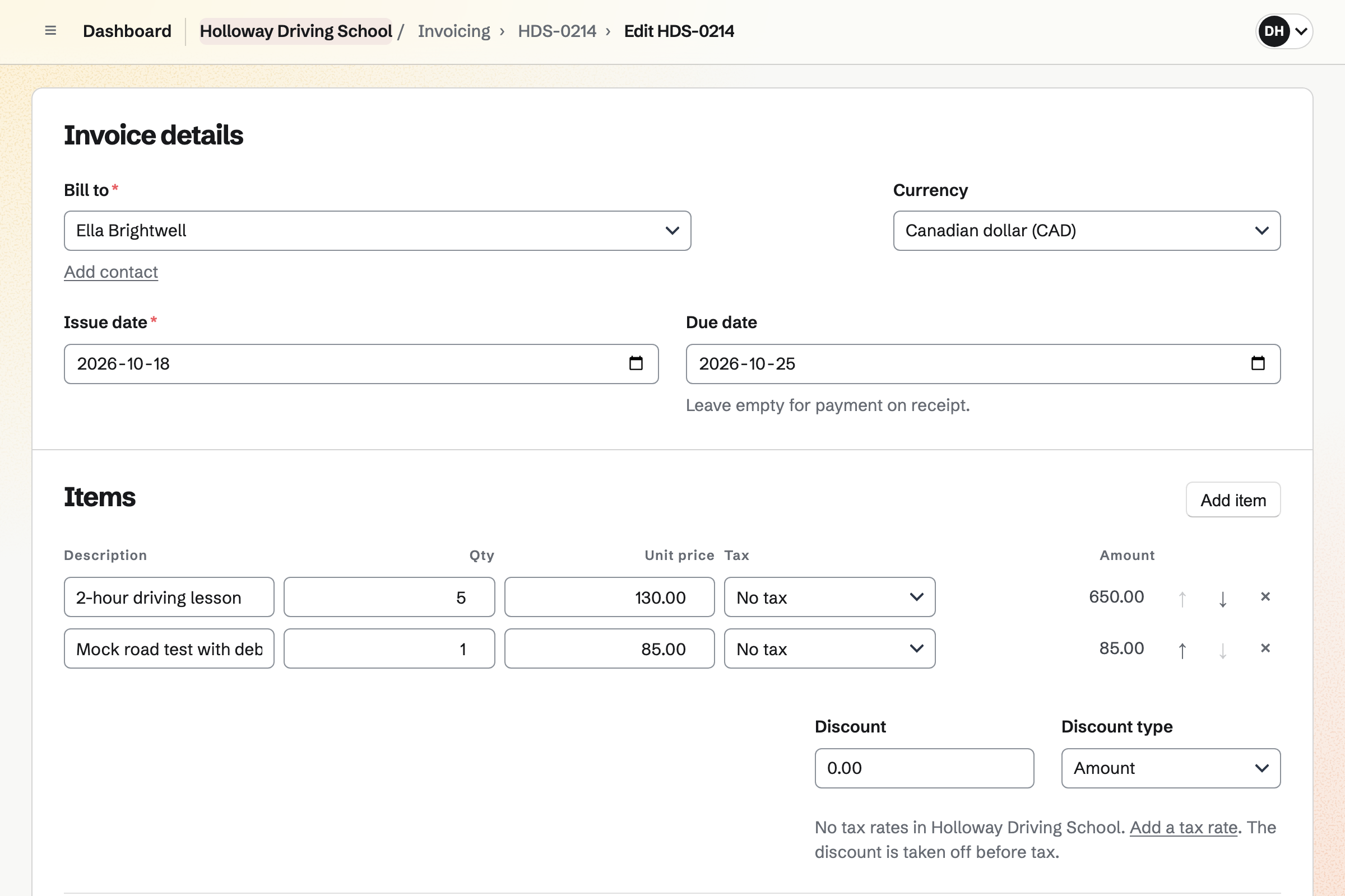 A Holloway Driving School invoice open in the invoice editor, billed to Ella Brightwell for a block of five 2-hour lessons and a mock road test, with no tax.