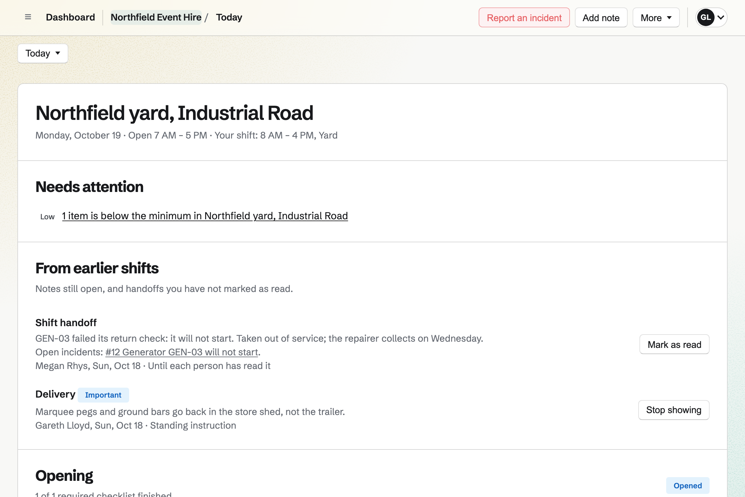 Northfield Event Hire’s Today page at the yard: the day’s hours and shift, an item below its minimum, and a handover note about a generator that failed its return check, linked to its incident.