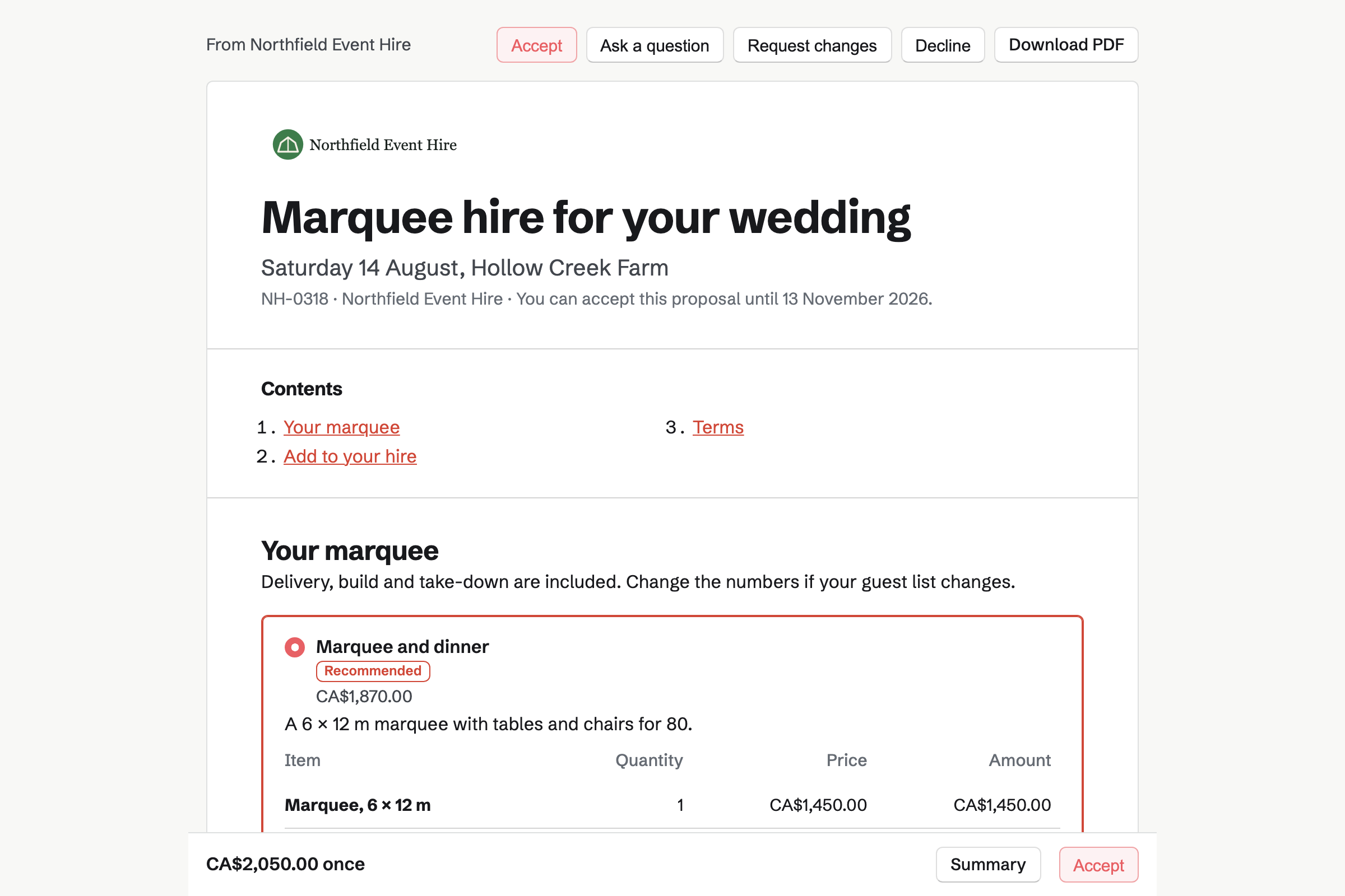 A hire quote from Northfield Event Hire for Claire Dawson’s wedding, with the cover, the list of contents, the marquee package chosen and the total in a bar at the foot of the screen.