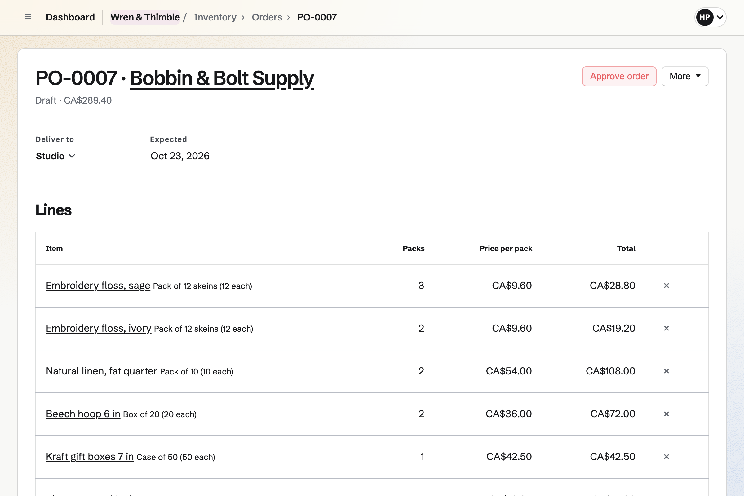 A draft purchase order to Bobbin & Bolt Supply in Wren & Thimble’s Inventory: embroidery floss, linen, beech hoops and gift boxes, each with its packs and price per pack, to be delivered to the studio by its expected date.