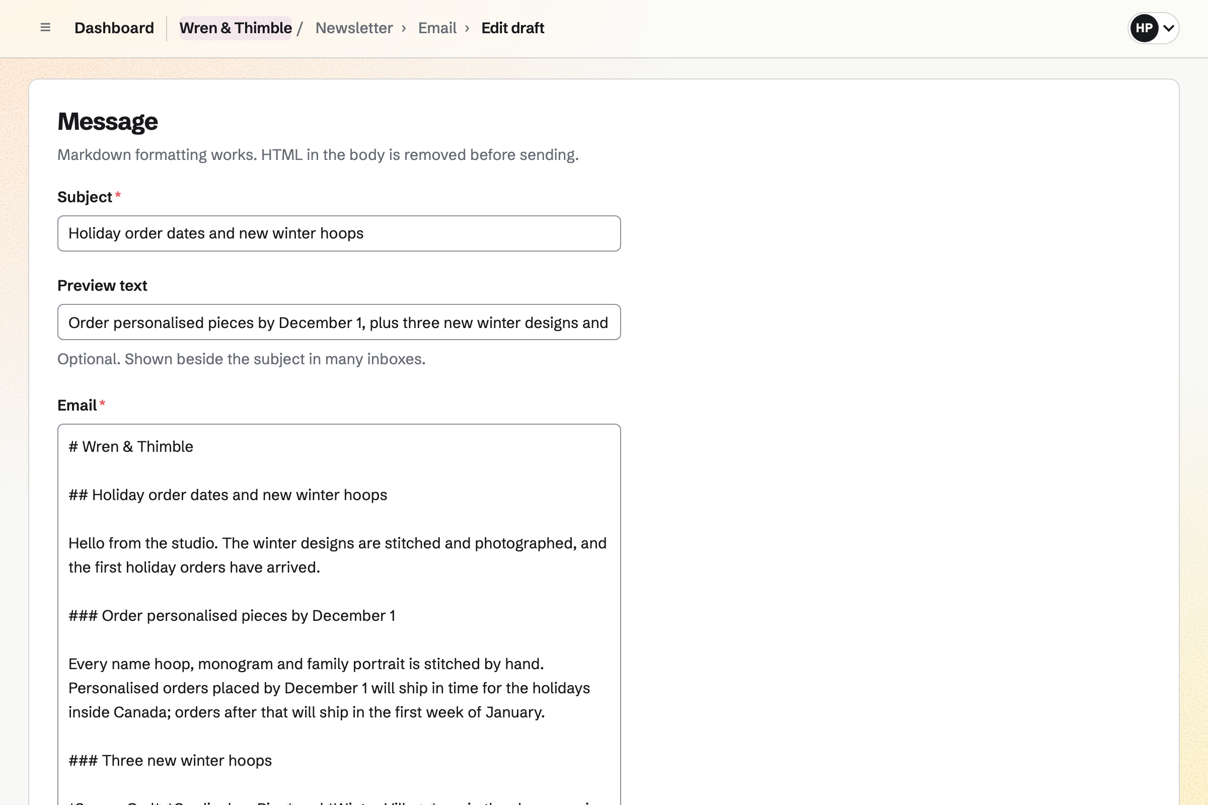 Wren & Thimble’s next email in the Newsletter editor: its subject, preview text and Markdown with the holiday order date for personalised pieces and three new winter hoops.