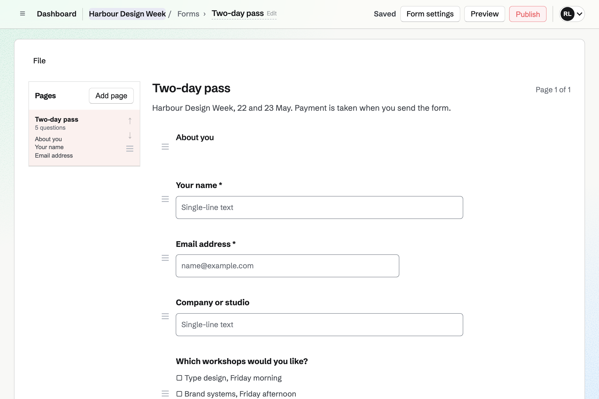 The Form builder with Harbour Design Week’s two-day pass registration: a heading, then questions for a name, an email, a company and the workshops each person wants.