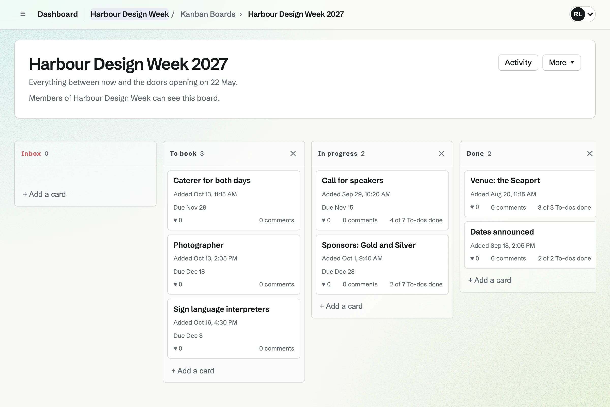 Harbour Design Week’s planning board: things to book, work in progress with due dates and To-dos, and what is done.