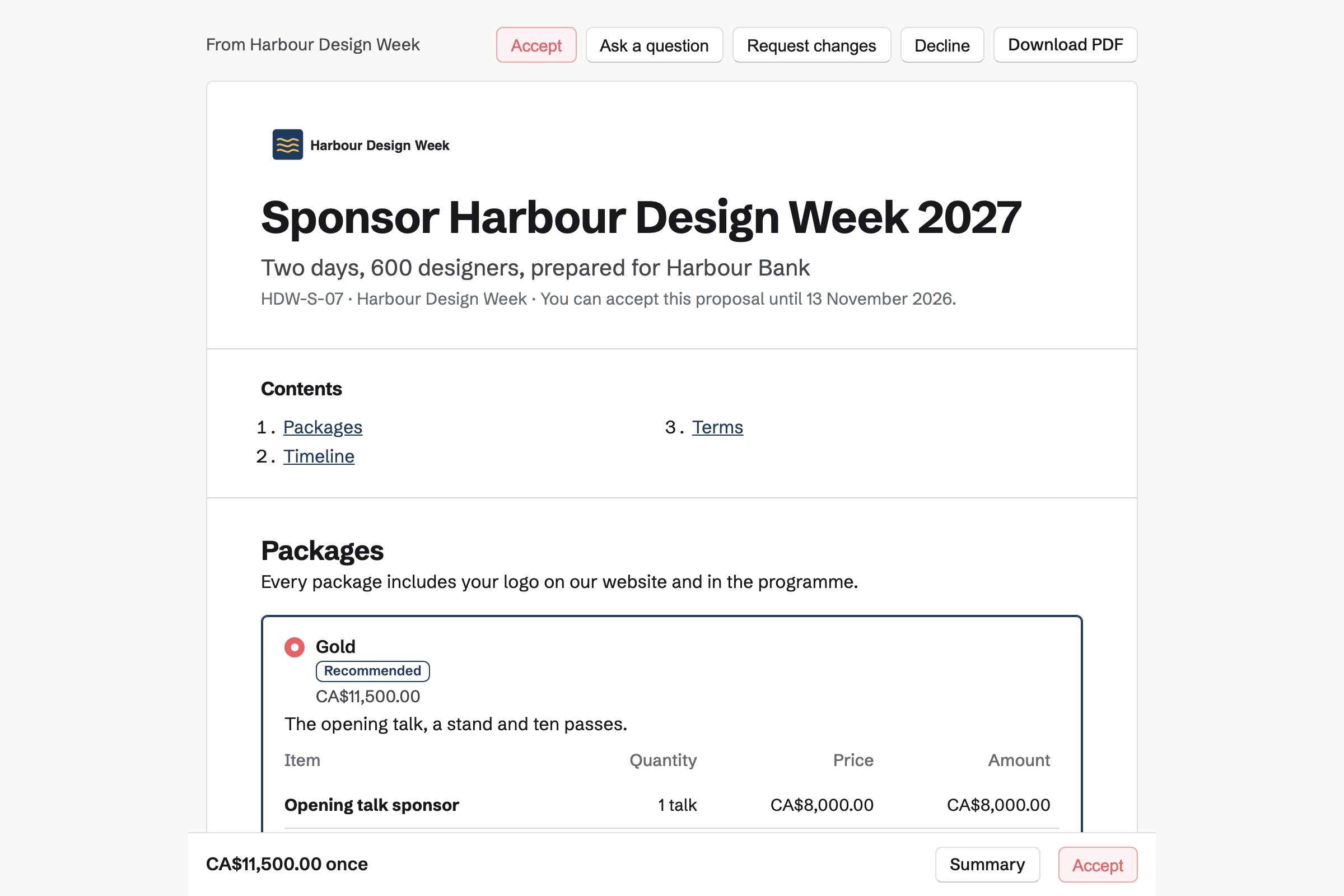 Harbour Design Week’s sponsorship proposal for a local bank, as the sponsor sees it, with the cover, the list of contents, the recommended Gold package chosen and the total in a bar at the foot of the screen.