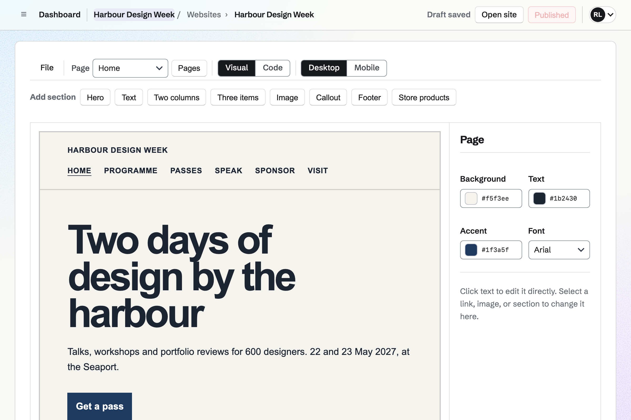 Harbour Design Week’s website open in the Websites editor in Visual mode: the Home page with the festival’s dates and a Get a pass button under the site’s header, the sections to add, and the Page inspector with the site’s colours.