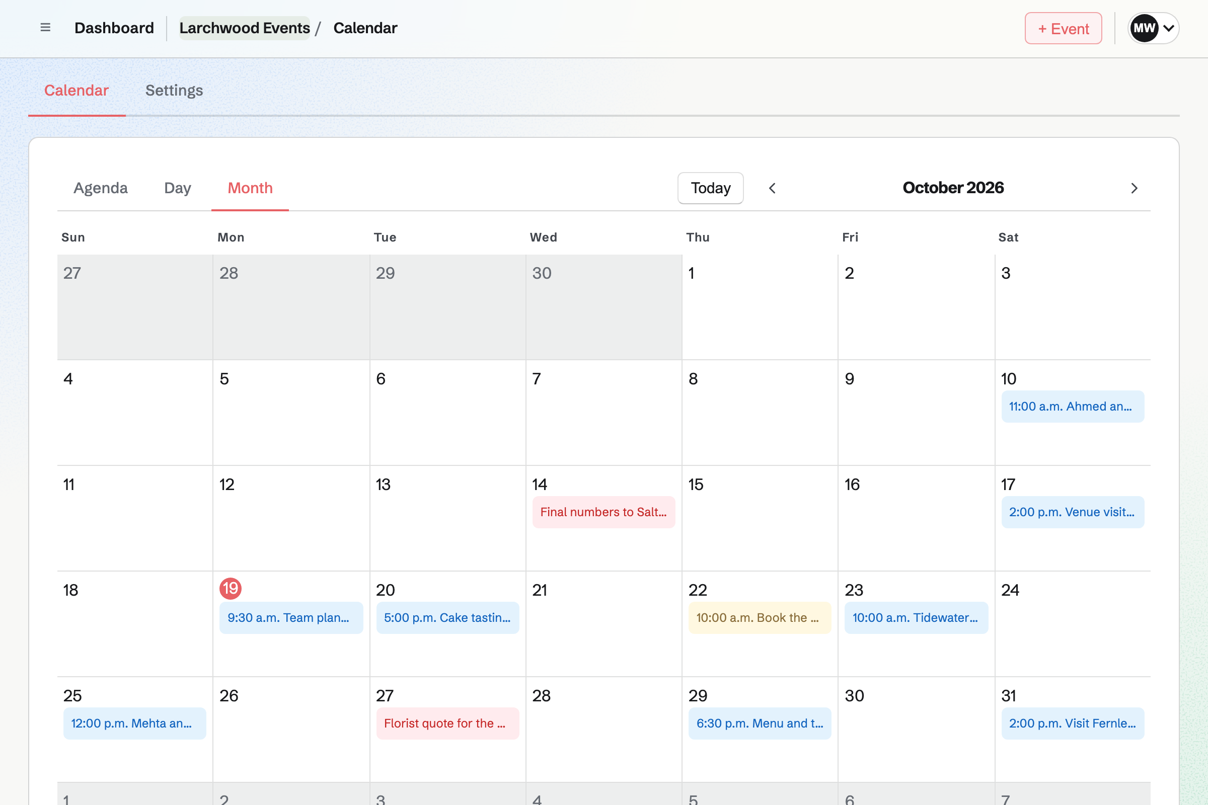 Larchwood Events’ team calendar for the month: weddings, venue visits, tastings and supplier deadlines, each on its date.