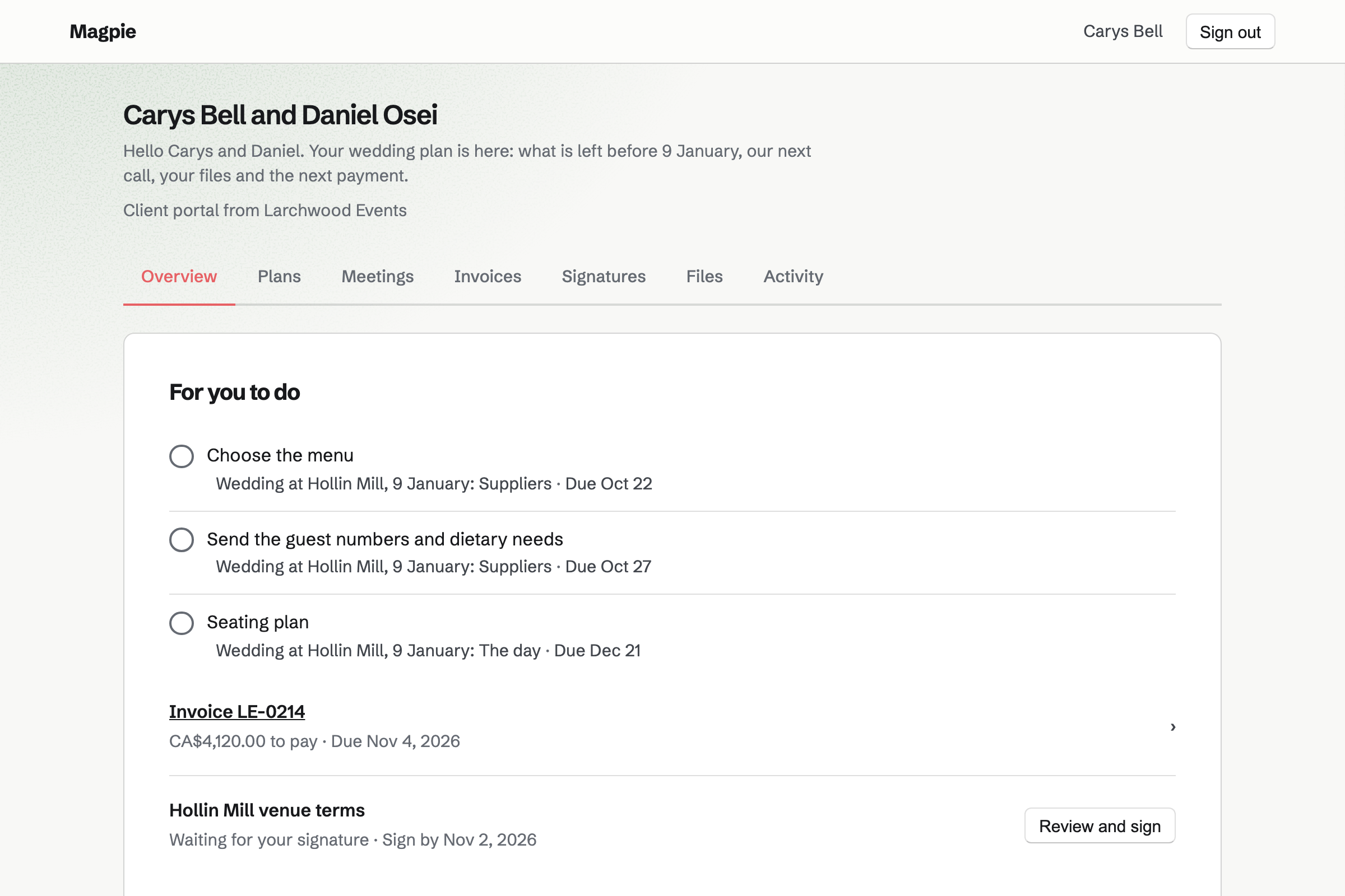 Carys Bell and Daniel Osei’s portal from Larchwood Events: under For you to do, choosing the menu and sending the guest numbers, the next payment LE-0214 and the venue terms to sign.
