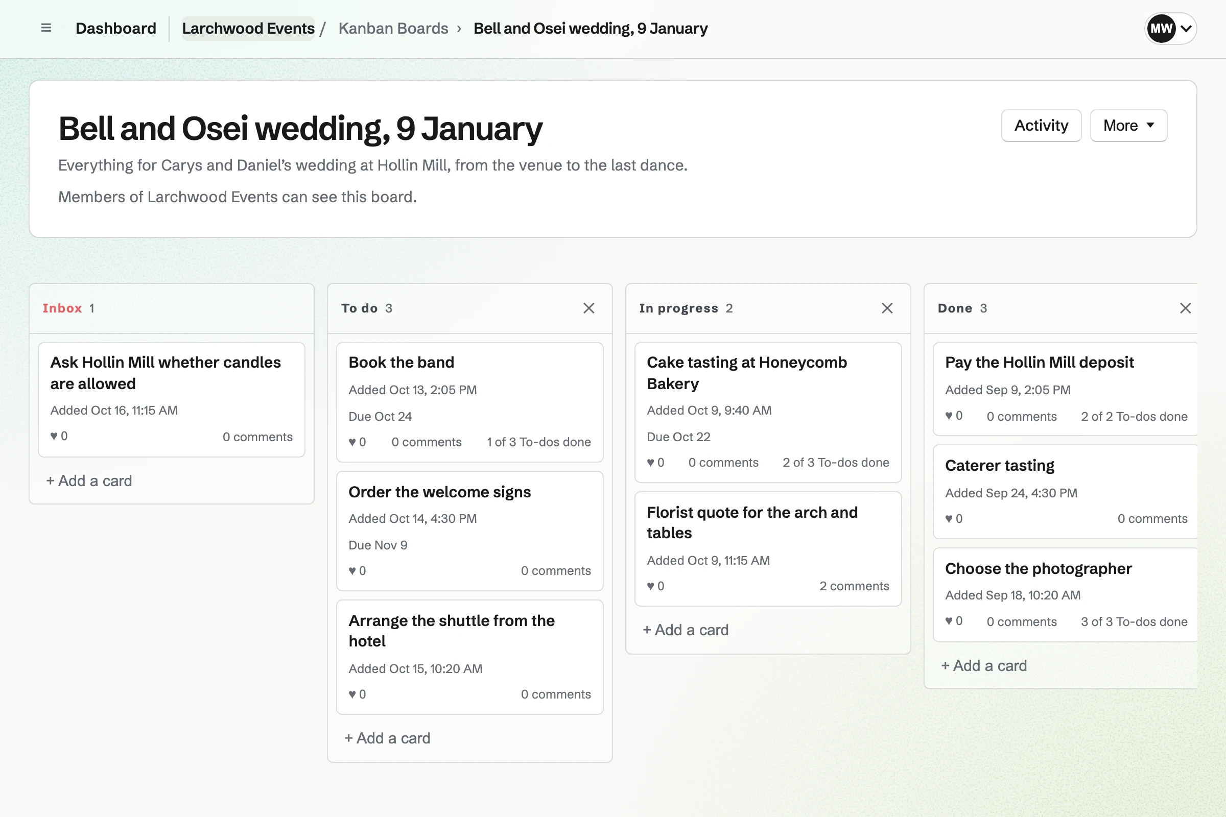 Larchwood Events’ board for Carys and Daniel’s wedding: cards to do, in progress and done, such as booking the band, the cake tasting and the venue deposit, with due dates and To-dos.