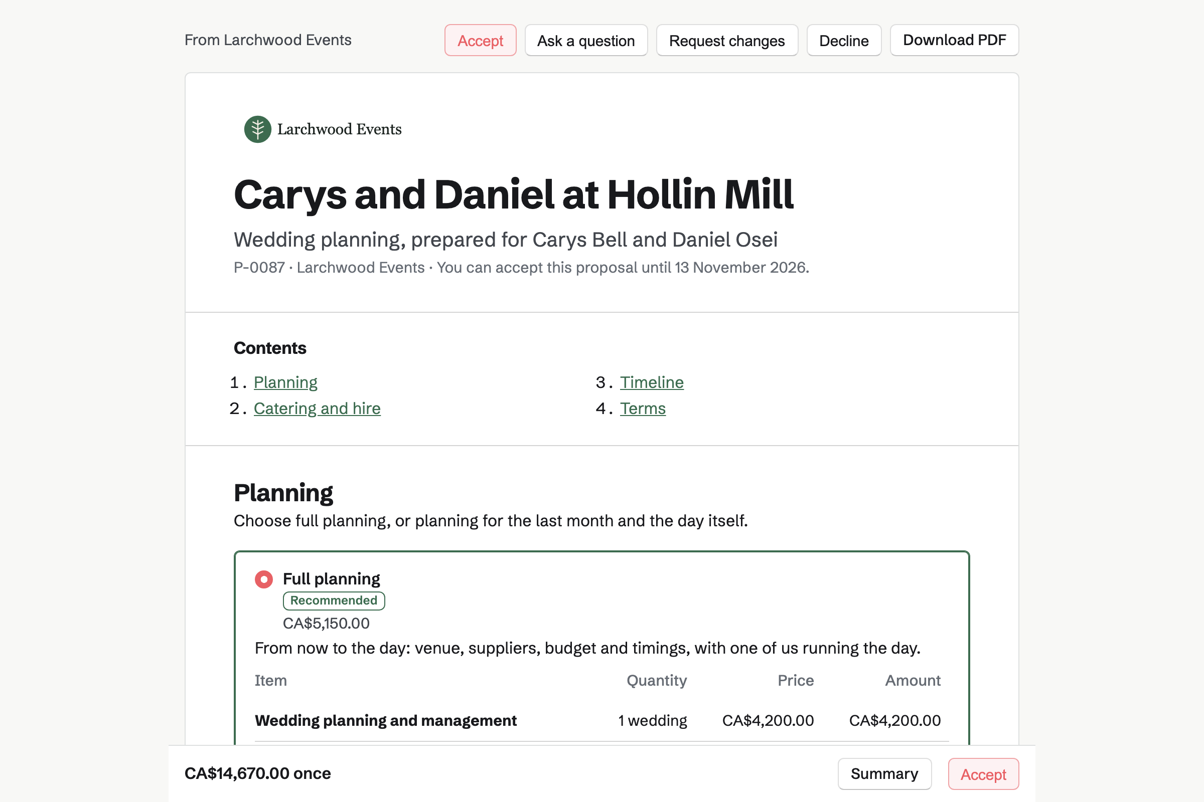Carys and Daniel’s wedding planning proposal from Larchwood Events, with the cover, the list of contents, the recommended Full planning package chosen and the total in a bar at the foot of the screen.