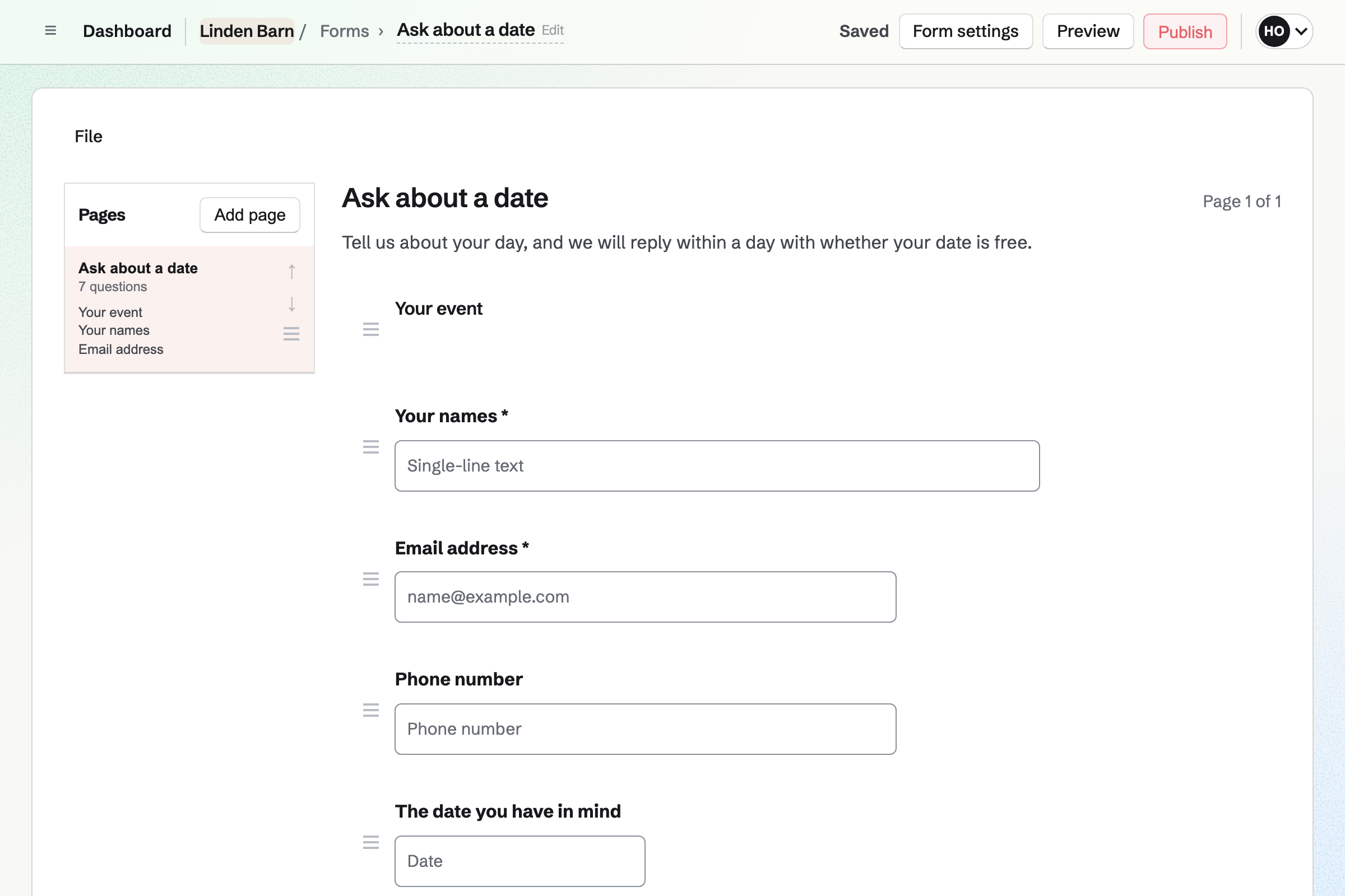 The Form builder with Linden Barn’s enquiry form: a short welcome, then questions for the couple’s names, an email, a phone number, the date they have in mind and how many guests.