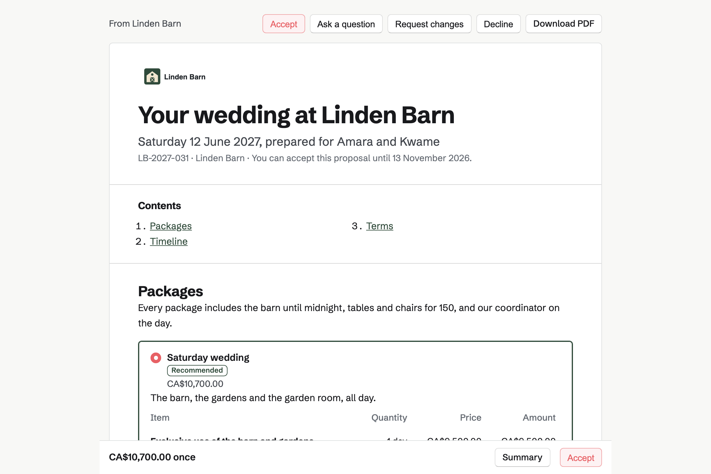 Linden Barn’s wedding proposal as the couple sees it: the cover, the list of contents, the recommended Saturday package chosen with its price, and the total in a bar at the foot of the screen.