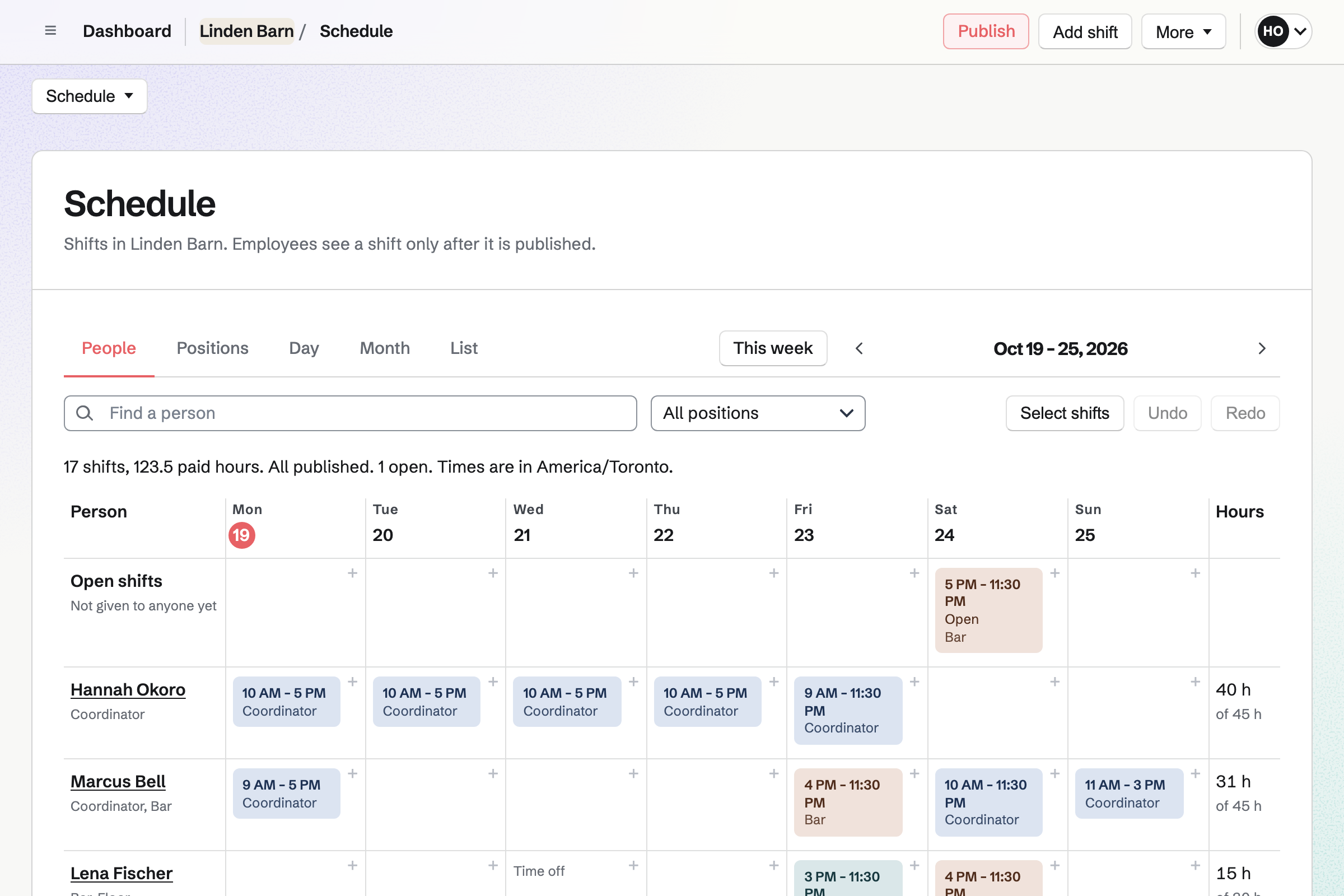 Linden Barn’s rota for the week in Staff Scheduling: coordinator, bar and floor shifts for each person around Friday’s wedding and Saturday’s party, with an open Saturday bar shift.