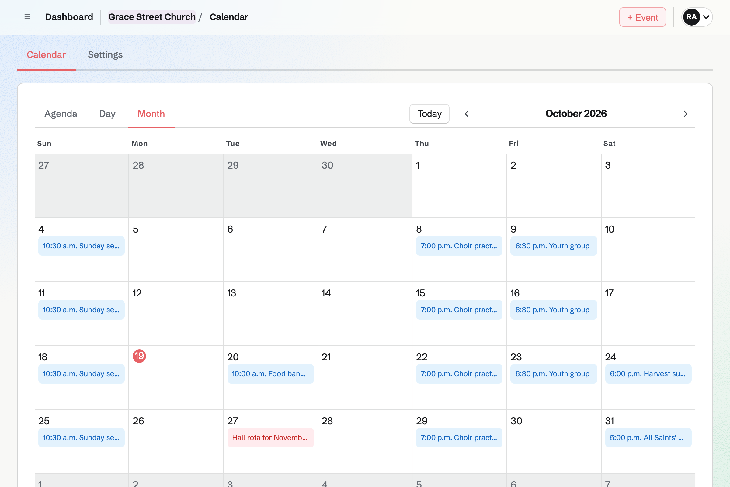 Grace Street Church’s team Calendar for October in Month view on a computer and Agenda view on a phone: Sunday services, choir practice, youth group, a food bank shift and the harvest supper.