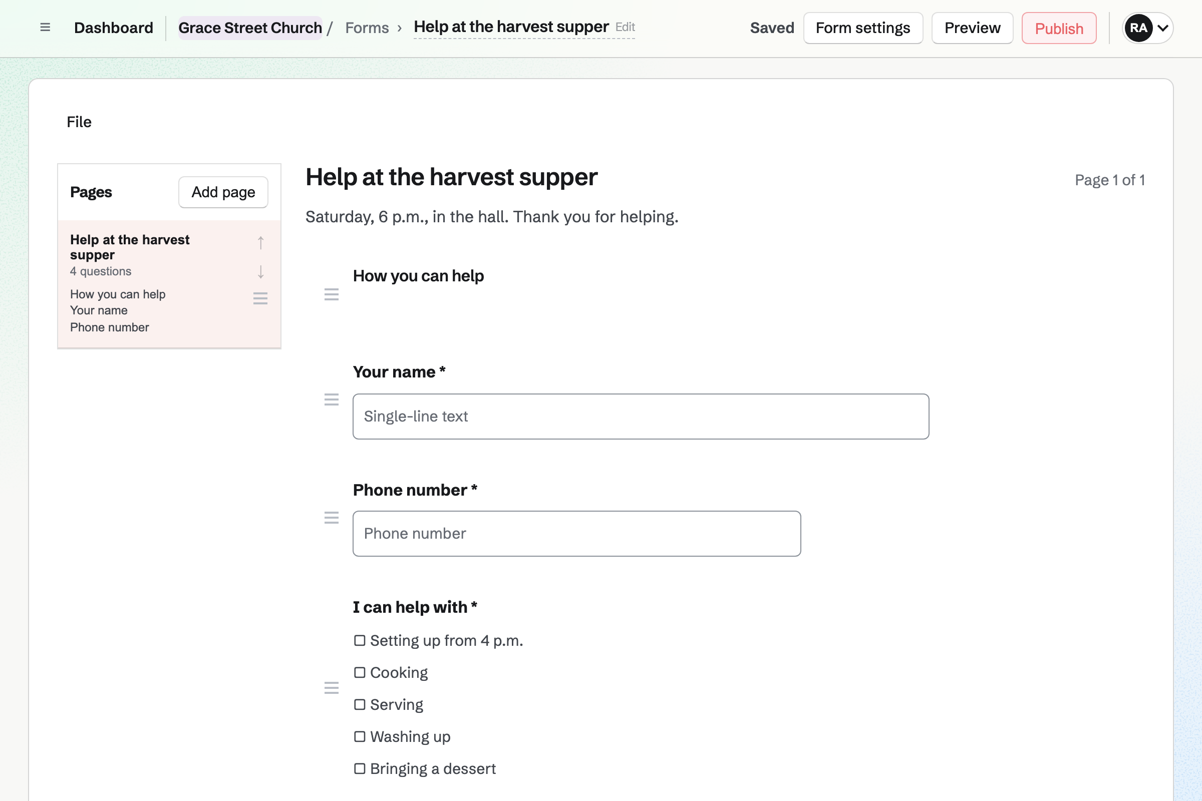 The Form builder with Grace Street Church’s harvest supper sign-up: a heading, then questions for a name, a phone number and how each person can help.