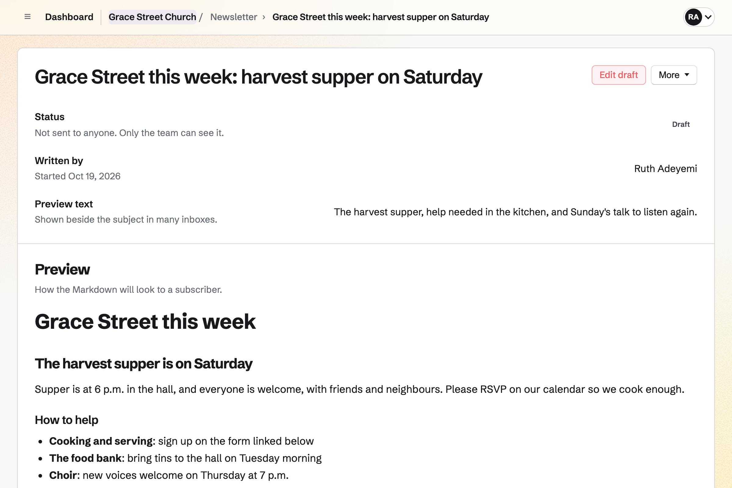 Grace Street Church’s weekly news in the newsletter preview: its subject, preview text and the week ahead, with the harvest supper and how to help.