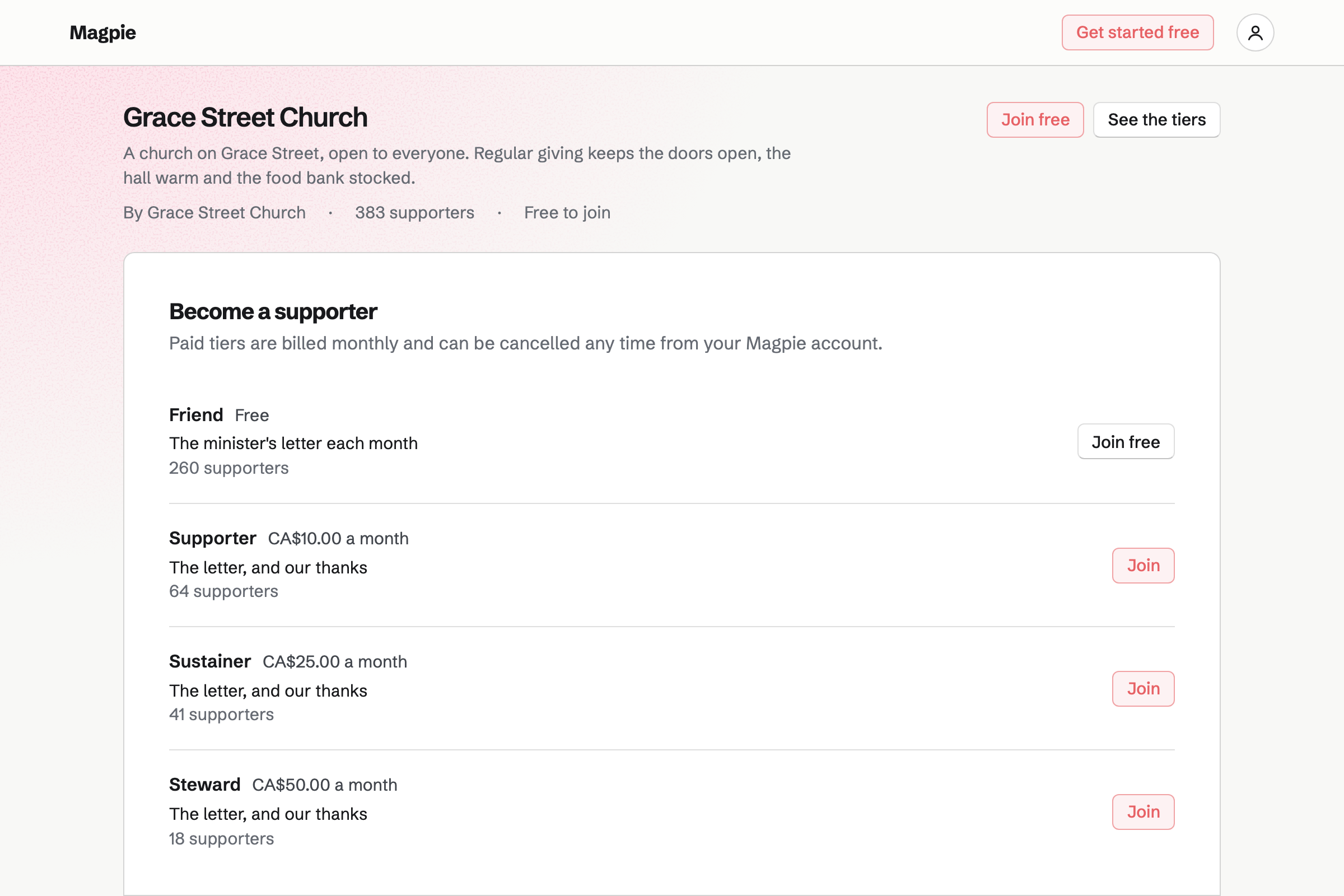 Grace Street Church’s regular giving page: a free tier for the minister’s monthly letter and three monthly giving tiers, each with its price and the number of people on it.