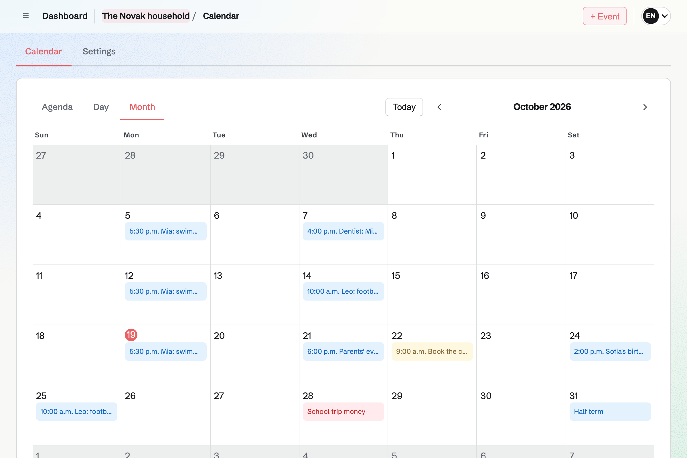 The Novak household’s Calendar for October: swimming lessons, a dentist appointment, a parents’ evening, football, a birthday party and To-dos such as booking the cattery.