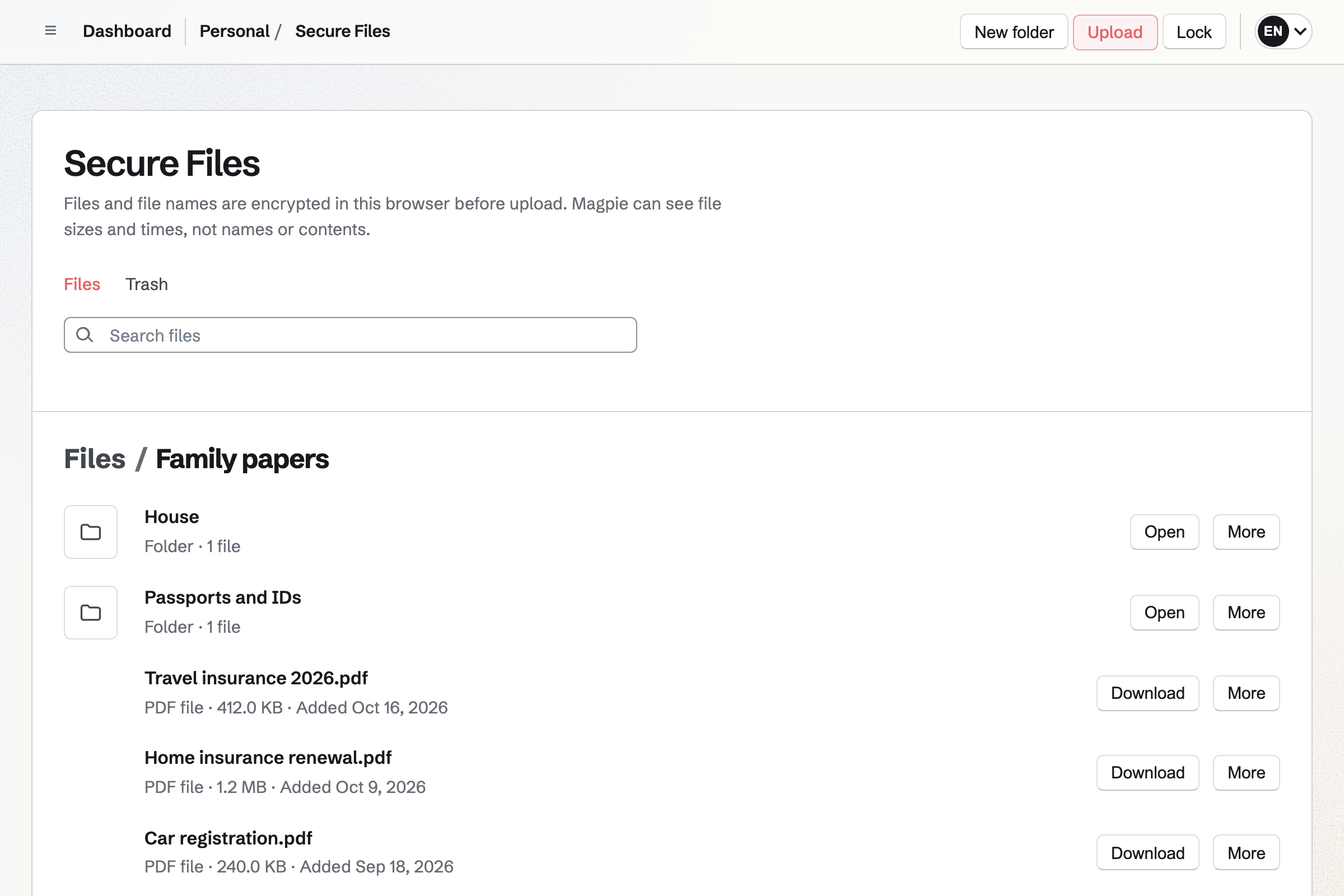 Elena’s Secure Files open on the Family papers folder: insurance, passport scans, the house papers and the car’s documents, each with its size and date.