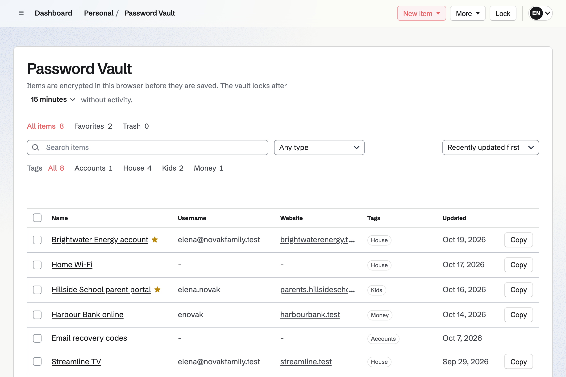 Elena’s Password Vault: her logins, the home Wi-Fi details and recovery codes, each with its tags and when it last changed.