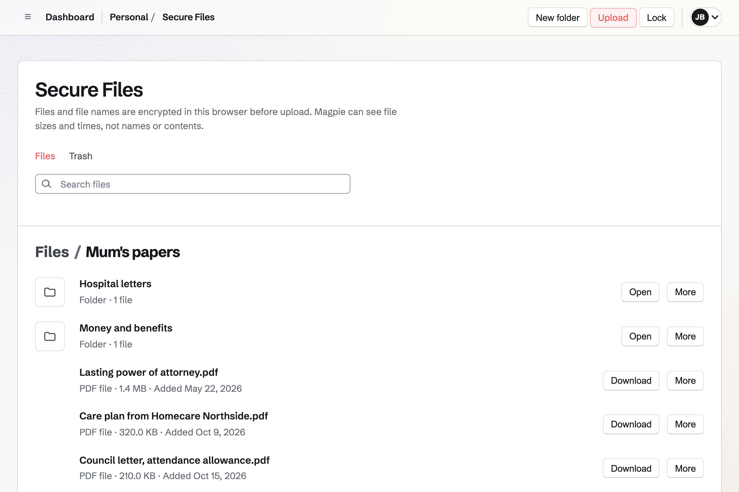 Joanna’s Secure Files open on the Mum’s papers folder: folders for hospital letters and money, then the power of attorney, the care plan and a council letter, each with its size and date.