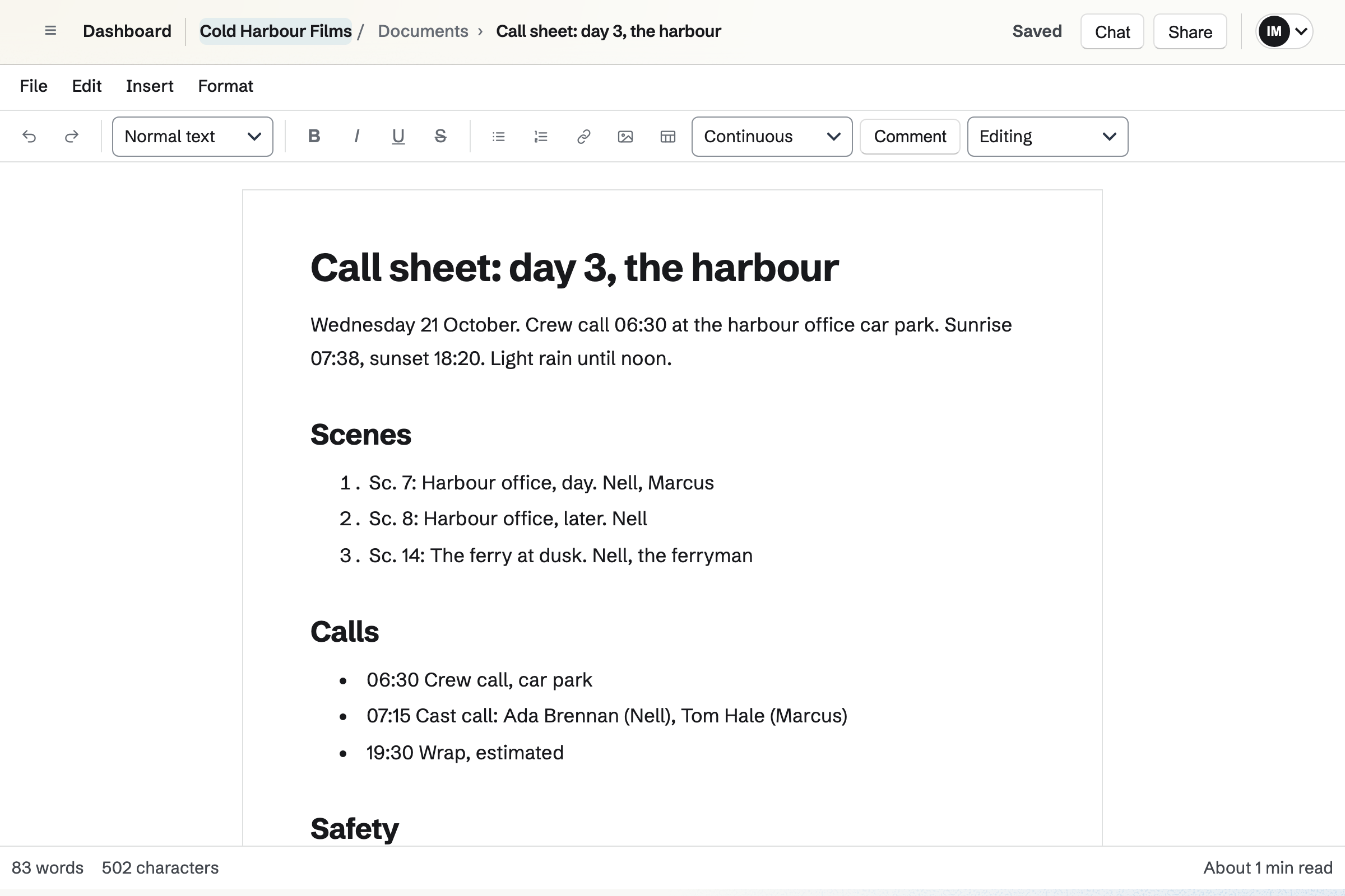 Cold Harbour Films’ call sheet for day 3 of Salt Lines in the Documents editor: the date, crew call, sunrise and weather, then the scenes and the calls for the day.