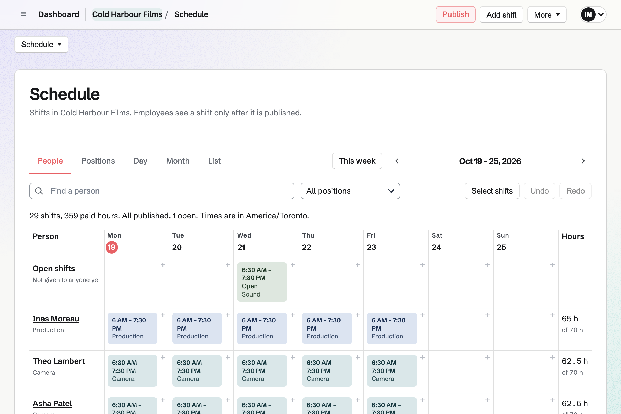 Cold Harbour Films’ crew week in Staff Scheduling: an open sound shift on Wednesday, then each person’s shoot days with their department and their hours for the week.