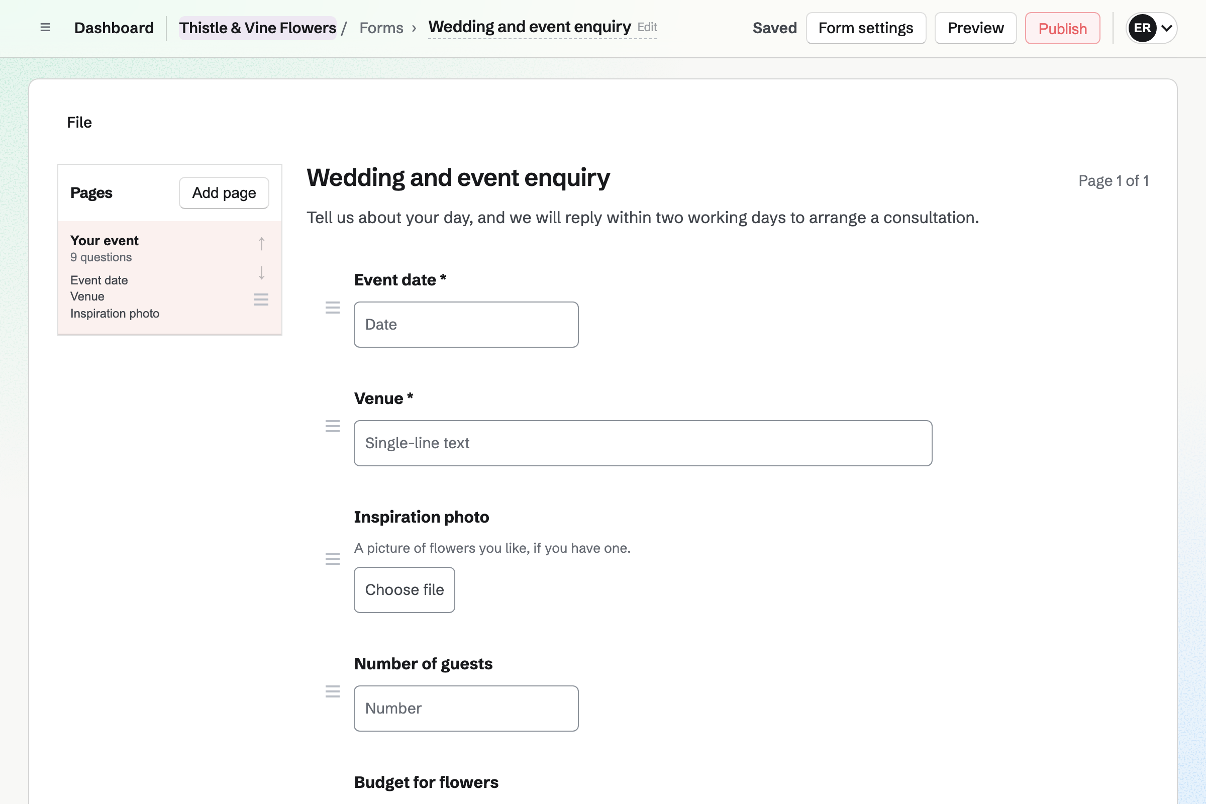 Thistle & Vine Flowers’ Wedding and event enquiry Form in the Form builder: questions for the event date, the venue, an inspiration photo, the number of guests and the budget for flowers, each with its answer type and reorder controls.