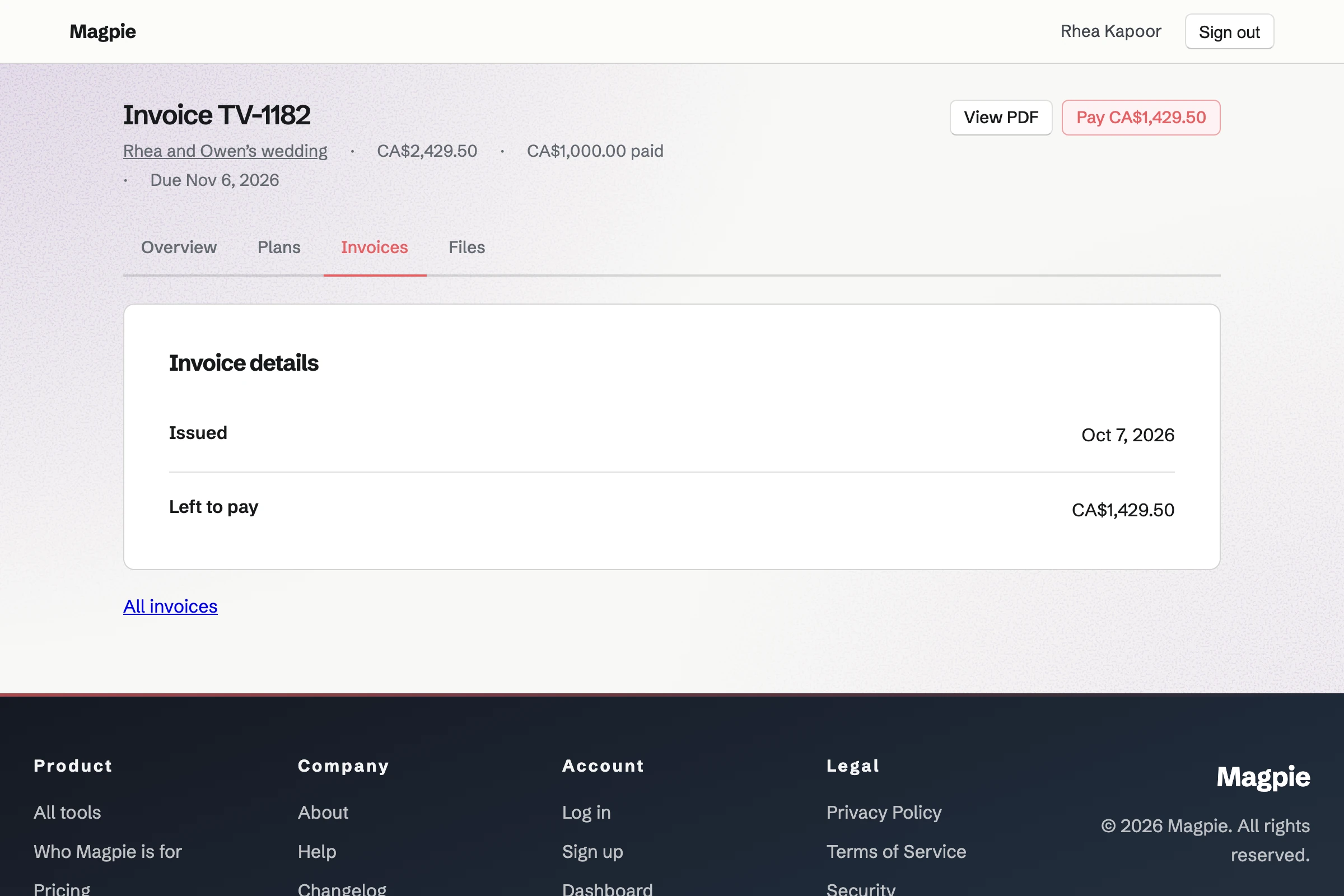 Thistle & Vine Flowers’ invoice TV-1182 for Rhea and Owen’s wedding, as Rhea Kapoor sees it in her Client Portal: the total, the CA$1,000.00 already paid, what is left, and a Pay button to pay the balance by card.