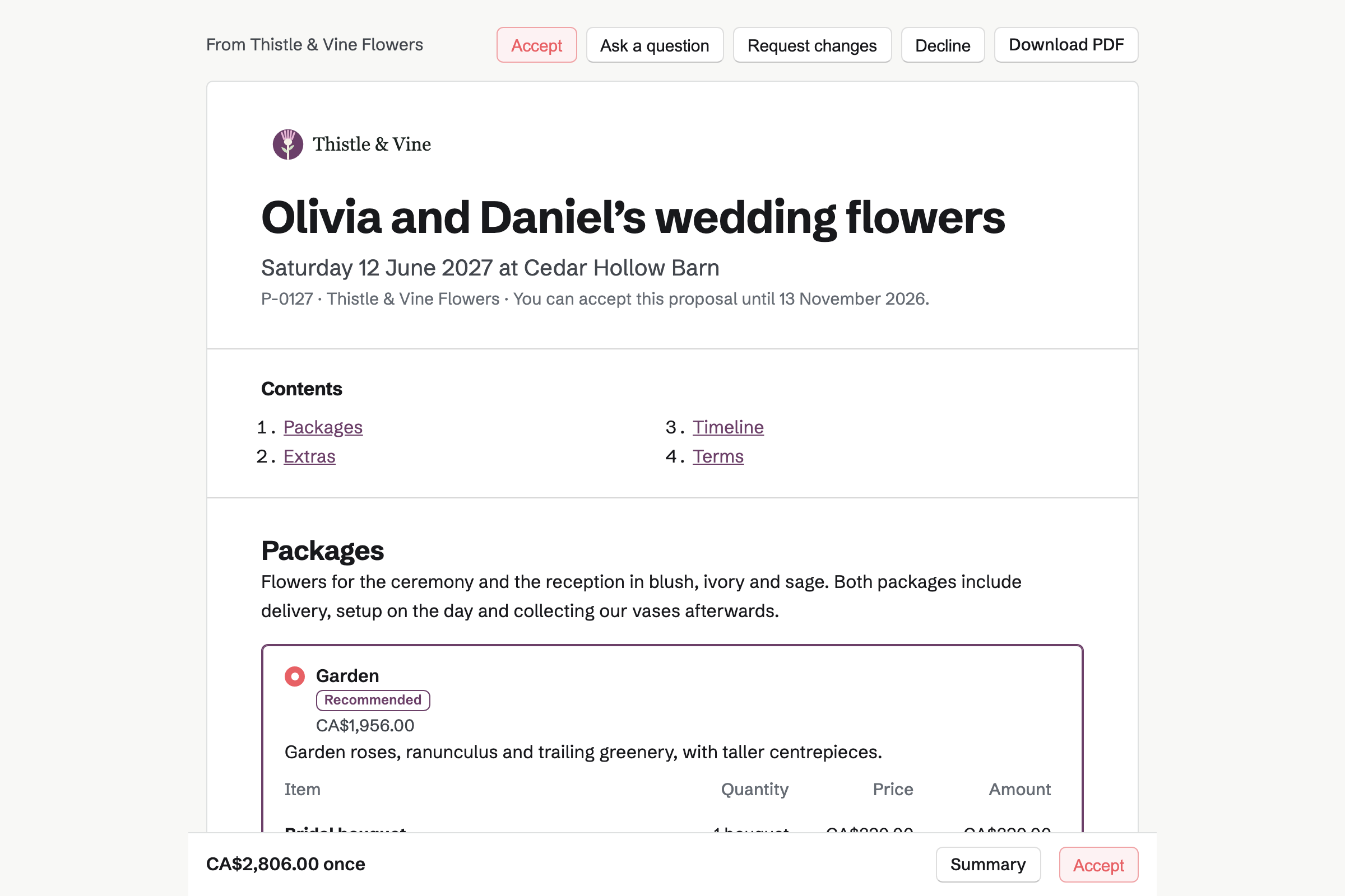 A couple’s proposal page for Thistle & Vine Flowers’ wedding flowers, with the cover, a list of contents, the recommended Garden package chosen and the total in a bar at the foot of the screen.