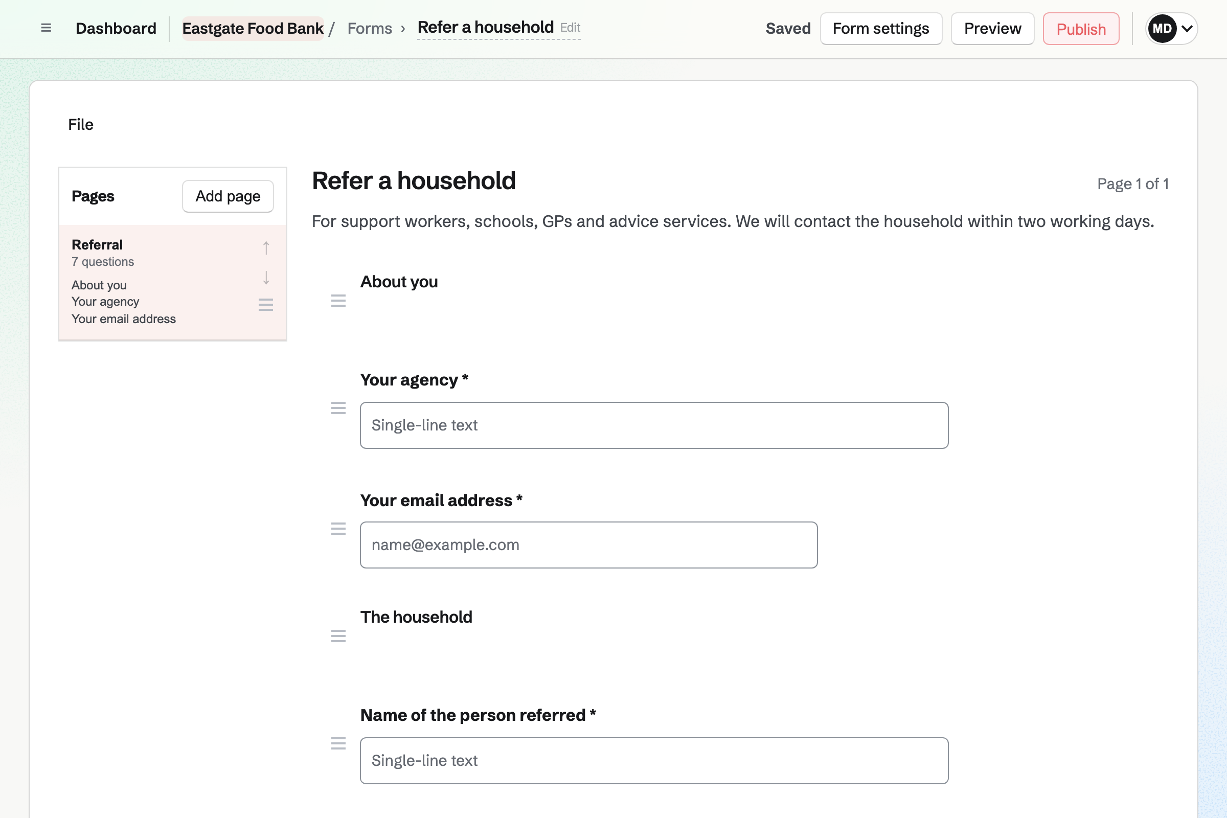 The Form builder with Eastgate Food Bank’s referral form for agencies: a note on who can refer, then questions for the agency, the referrer’s email, the household’s name and how many adults and children it has.