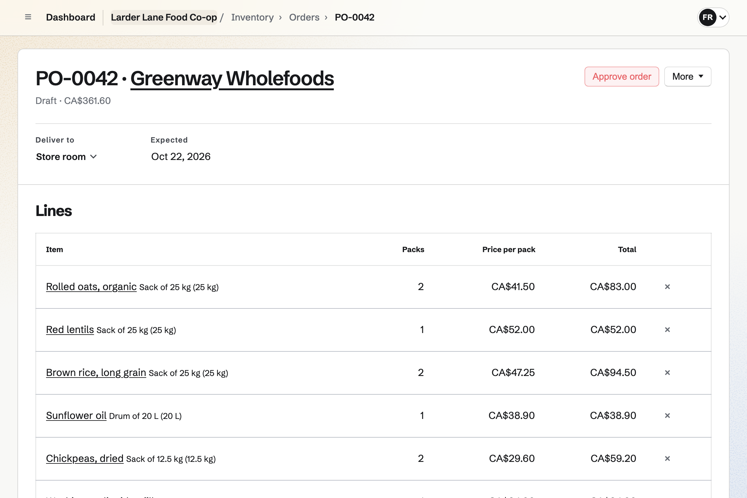 A draft order from Larder Lane Food Co-op to its wholefoods supplier: the supplier, where it is delivered, and lines for oats, lentils, rice and oil with their packs and prices.
