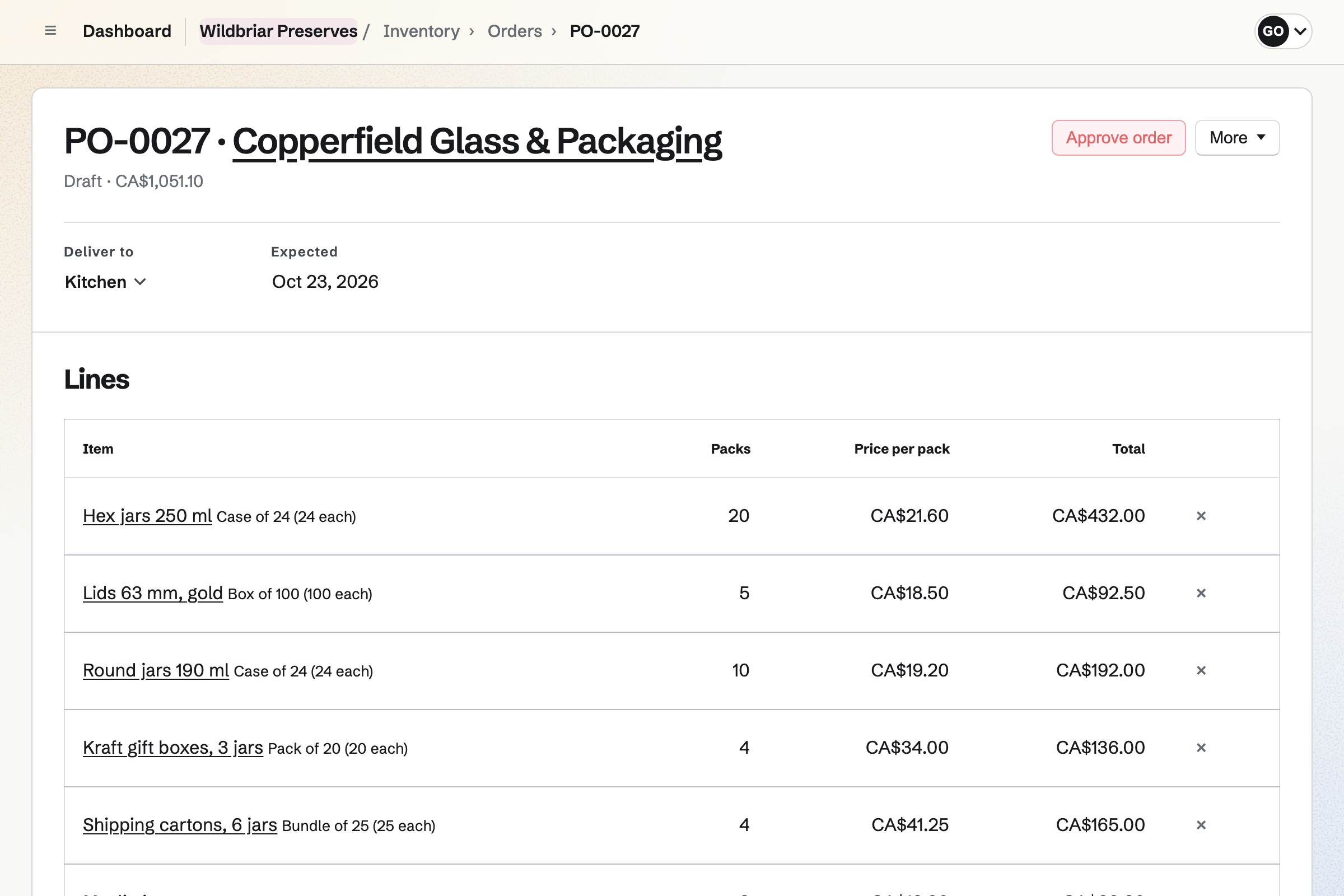 Wildbriar Preserves’ draft purchase order to its jar supplier in Inventory: cases of 250 ml and 190 ml jars, gold lids, gift boxes and shipping cartons, each with its packs and price, to be delivered to the kitchen.