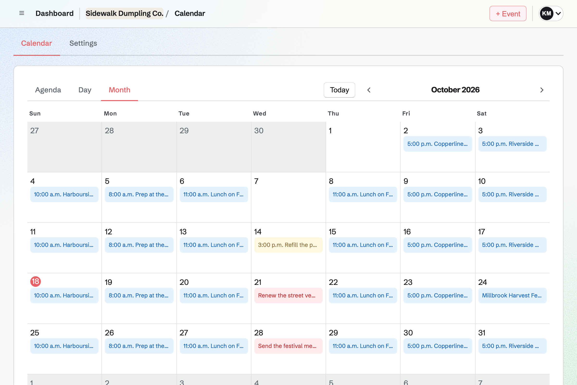 Sidewalk Dumpling Co.’s Calendar for the month: lunch on Front Street on Tuesdays and Thursdays, brewery nights on Fridays, the Riverside Night Market on Saturdays, the Harbourside Sunday Market, commissary prep on Mondays and the Millbrook Harvest Festival.