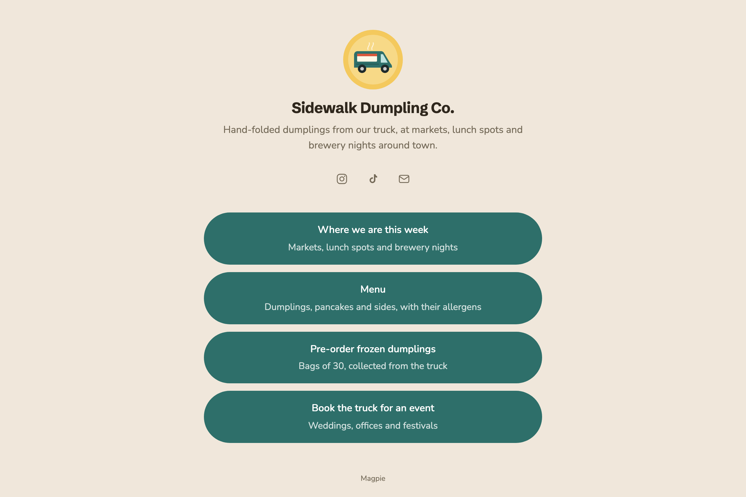 Sidewalk Dumpling Co.’s Link-In-Bio List as a visitor sees it: the truck’s picture, name, a short bio and Instagram, TikTok and email icons, then links to where the truck is this week, the menu, pre-ordering frozen dumplings and booking the truck for an event.