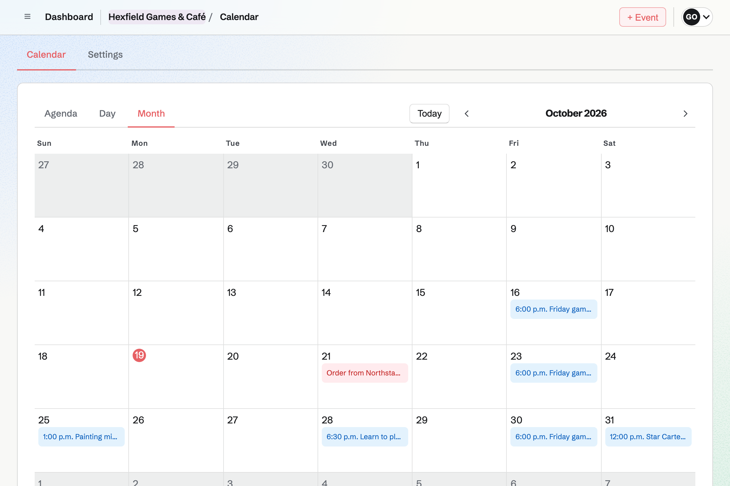 Hexfield Games & Café’s team calendar for the month: Friday game nights, a learn-to-play night, the launch tournament, a miniatures painting evening and the shop’s order deadlines.