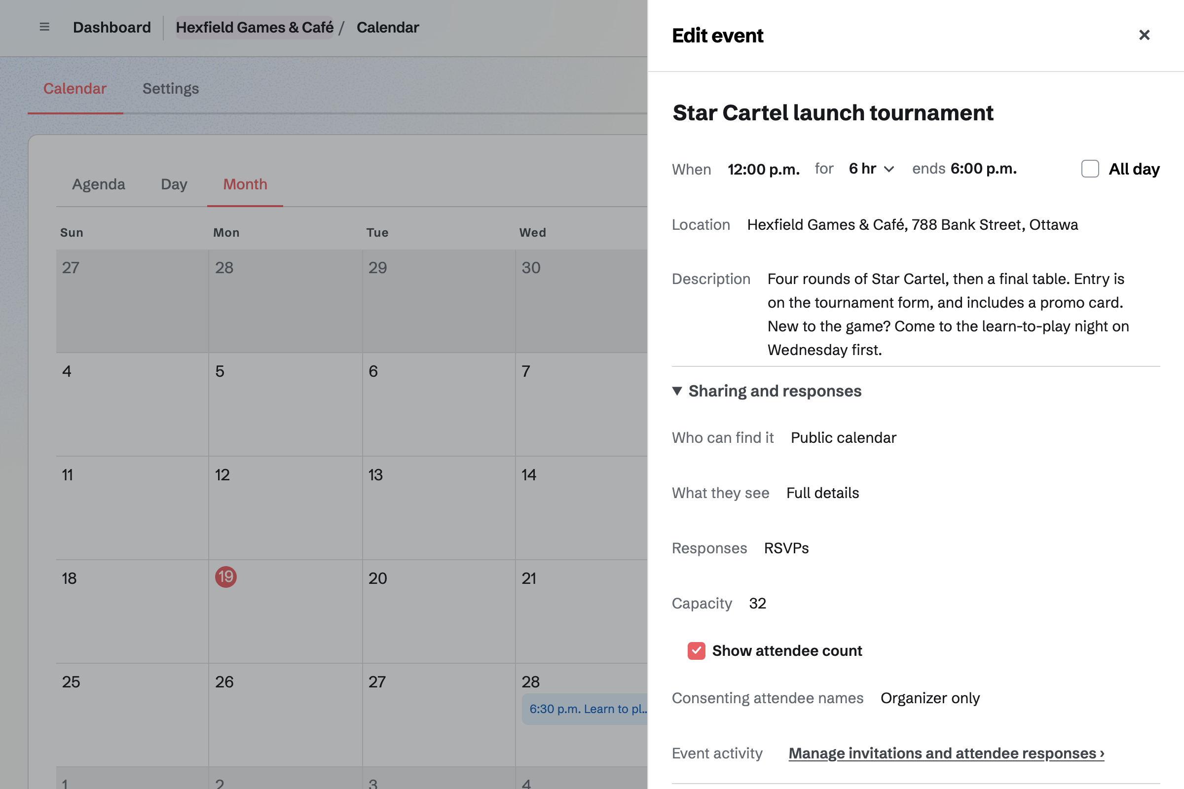 Hexfield Games & Café’s launch tournament for Star Cartel on its calendar: a public event with RSVPs up to 32 players and its attendee count shown.