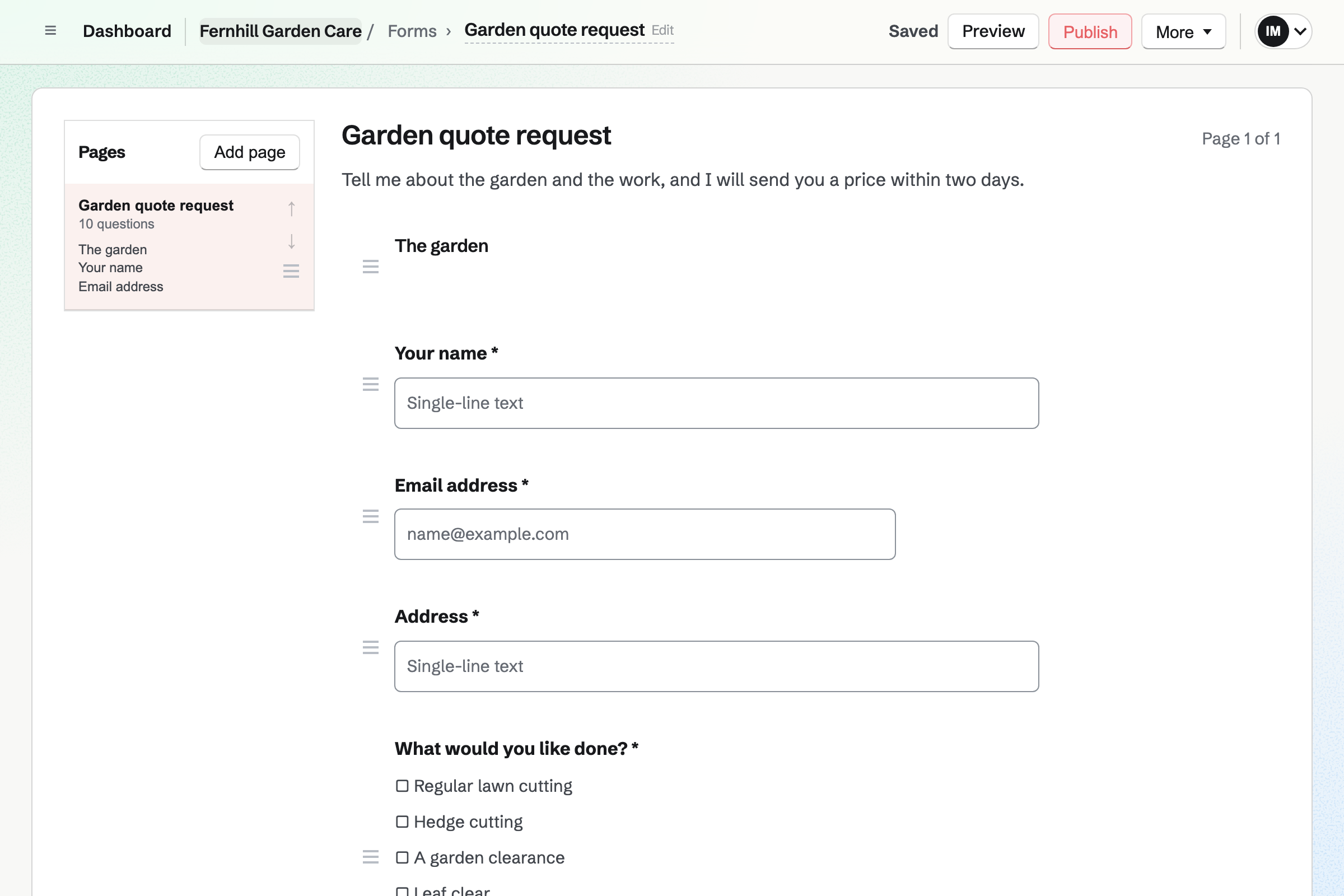 Fernhill Garden Care's quote request form in the builder: the address, the work wanted, how often, the size of the lawn, whether the yard waste should be taken away, photos of the garden and how to get into the back.