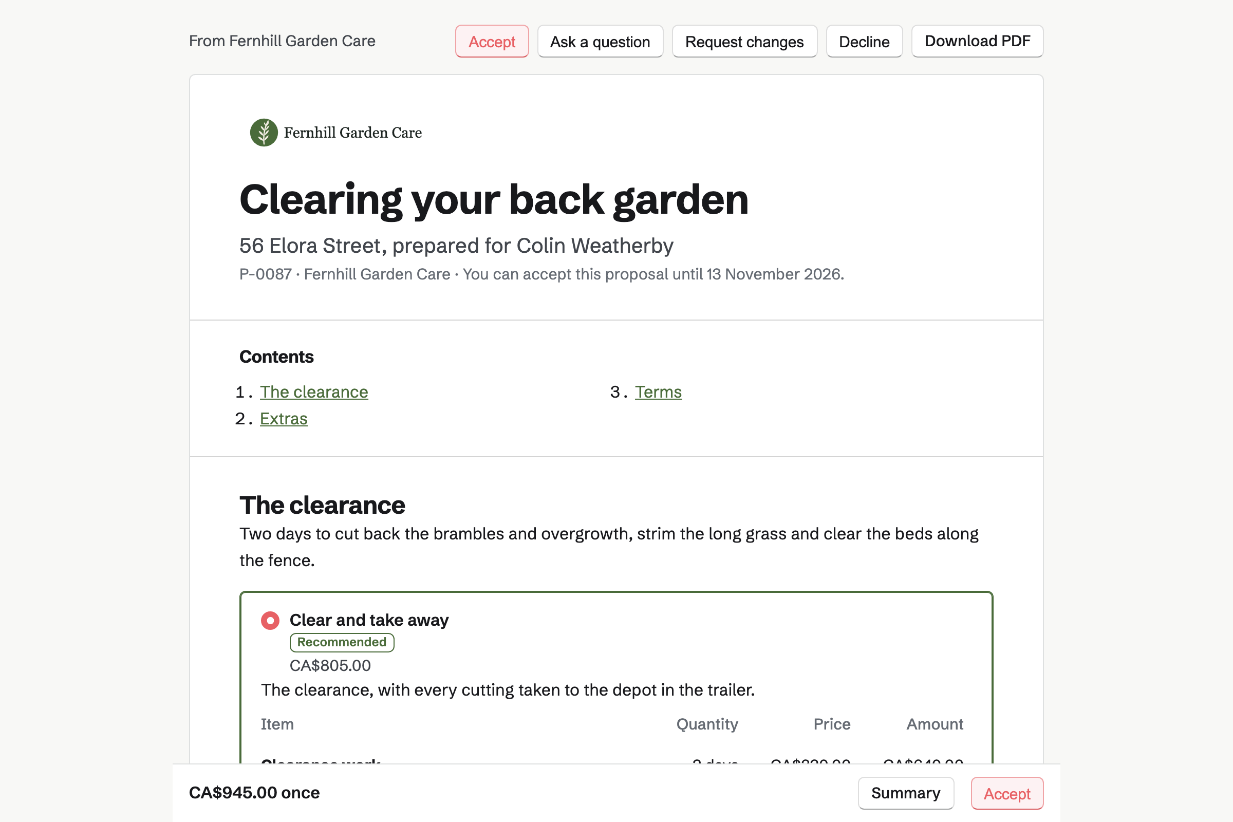 A clearance proposal from Fernhill Garden Care for Colin Weatherby, with the cover, the list of contents, the recommended package that takes the yard waste away by the trailer load, and the total in a bar at the foot of the screen.