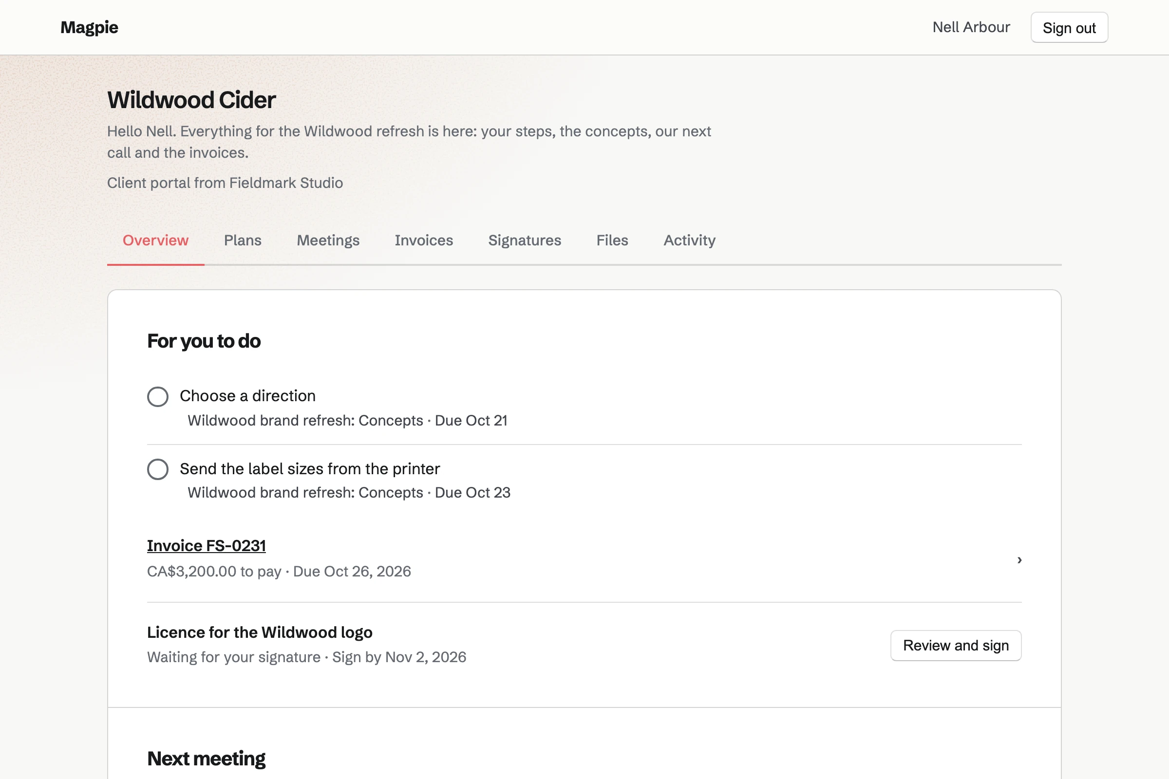 Wildwood Cider’s portal from Fieldmark Studio: under For you to do, choosing a direction and sending the label sizes, with the logo licence to sign.
