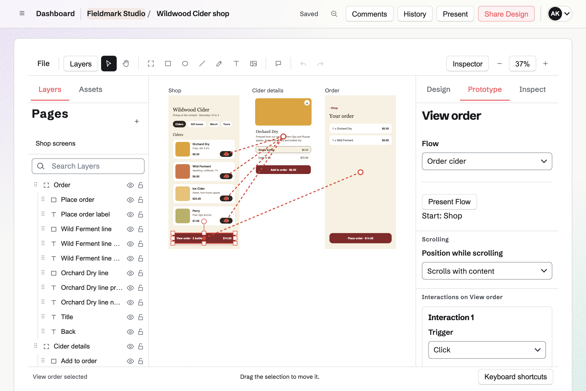 Fieldmark Studio’s design of Wildwood Cider’s shop in Design Canvas, with the prototype’s links from the cider list to a cider’s details and the order.