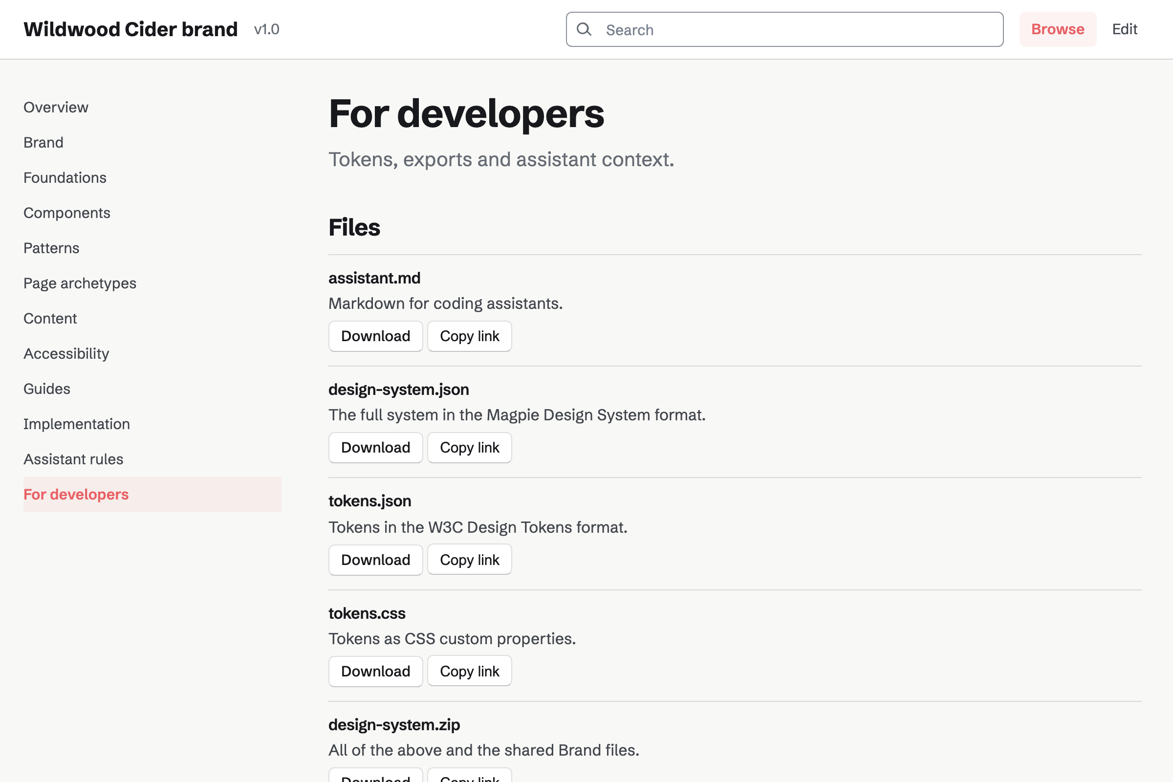 The Wildwood Cider brand system’s page for developers: the brand as files to download, from tokens in JSON and CSS to a ZIP with every brand file.
