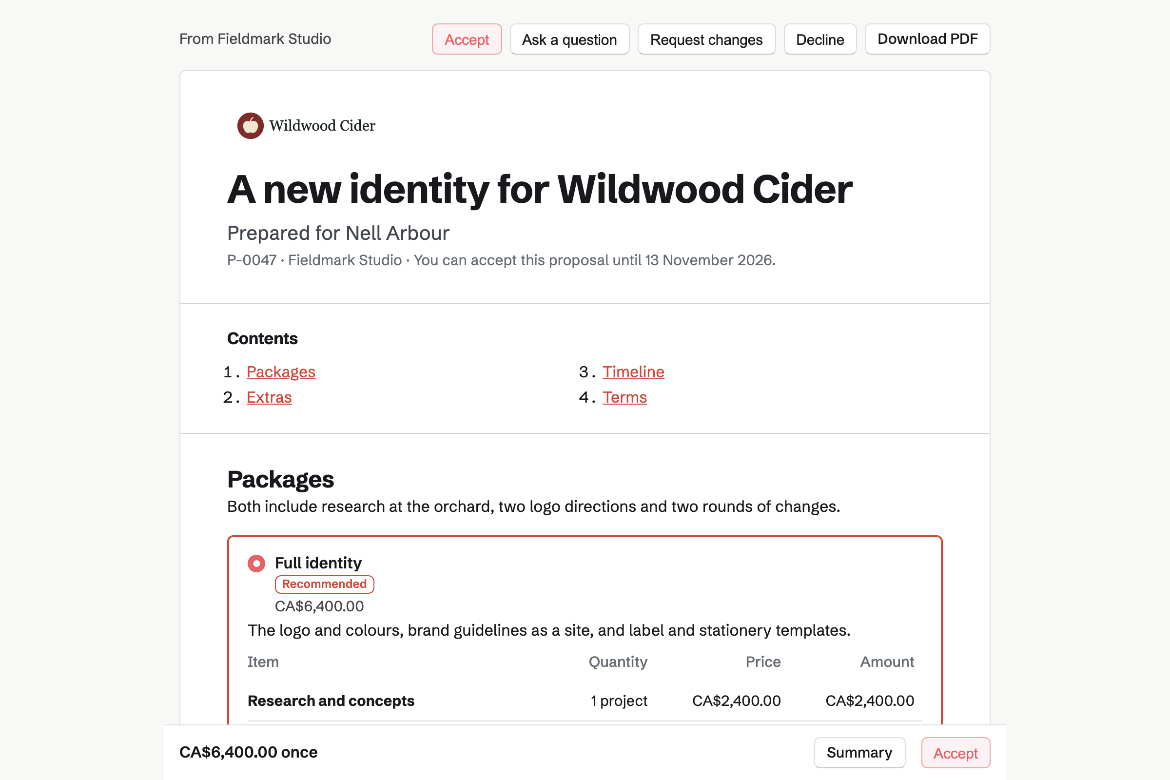 A brand identity proposal from Fieldmark Studio for Wildwood Cider, with the cover, the list of contents, the recommended full identity package chosen and the total in a bar at the foot of the screen.