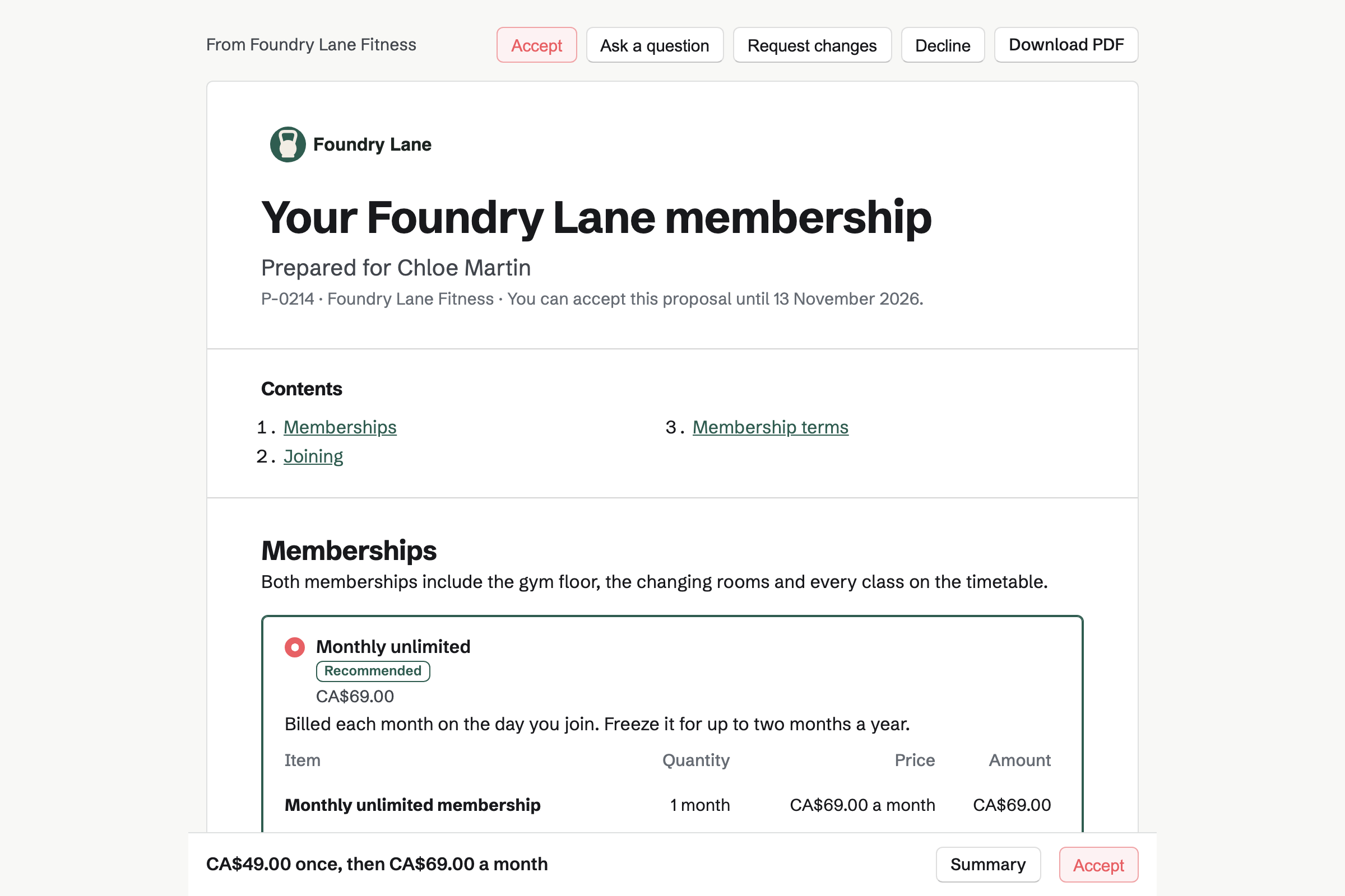 Chloe Martin’s membership proposal from Foundry Lane Fitness: the contents, then the Monthly unlimited membership chosen at CA$69 a month, and a bar at the foot saying CA$49 once, then CA$69 a month, with Accept.