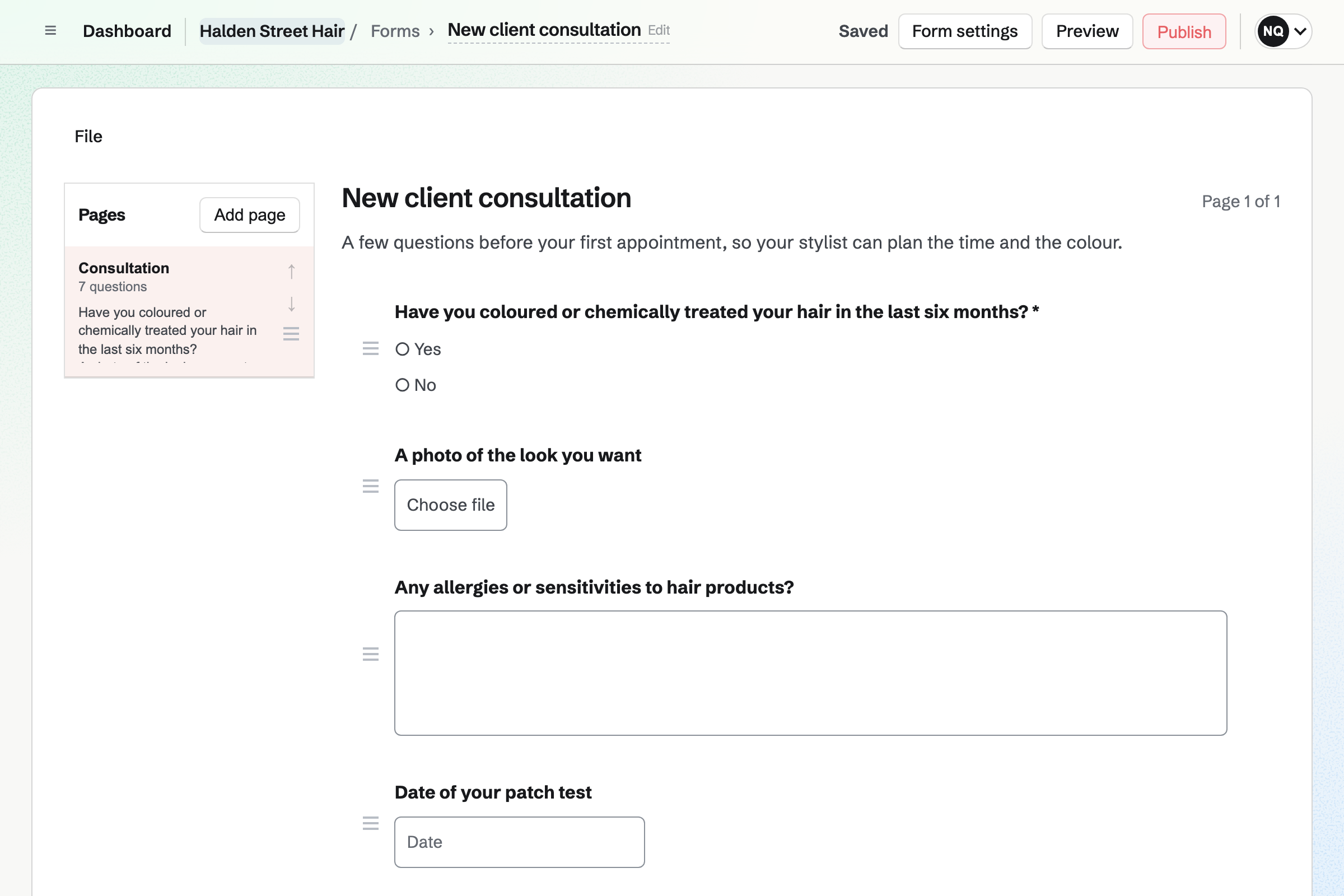Halden Street Hair’s New client consultation Form in the Form builder: questions on colour or chemical treatments in the last six months, a photo of the look the client wants, and allergies, each with its answer type and reorder controls.